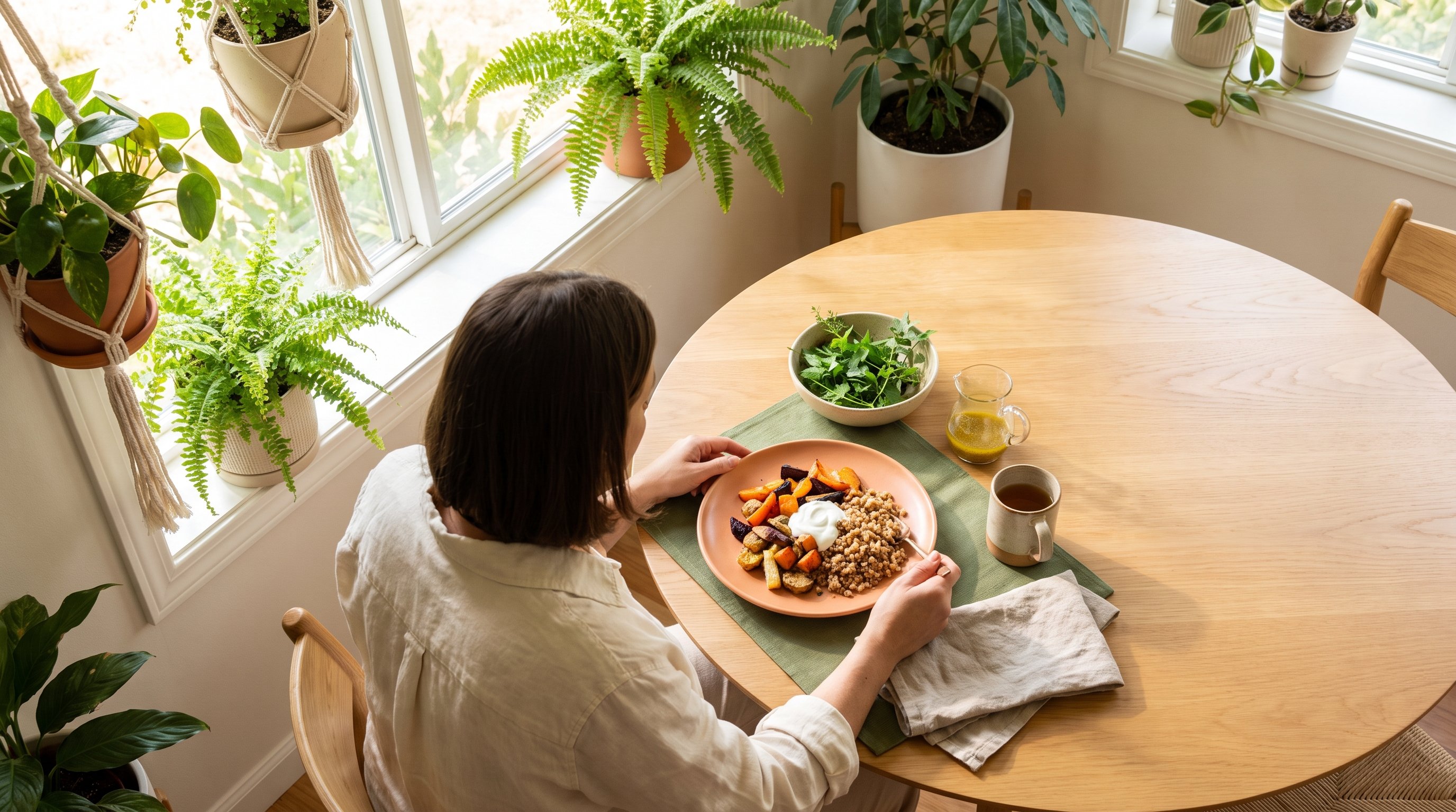 colourful plate of vegetables yoghurt and whole grains on a kitchen table