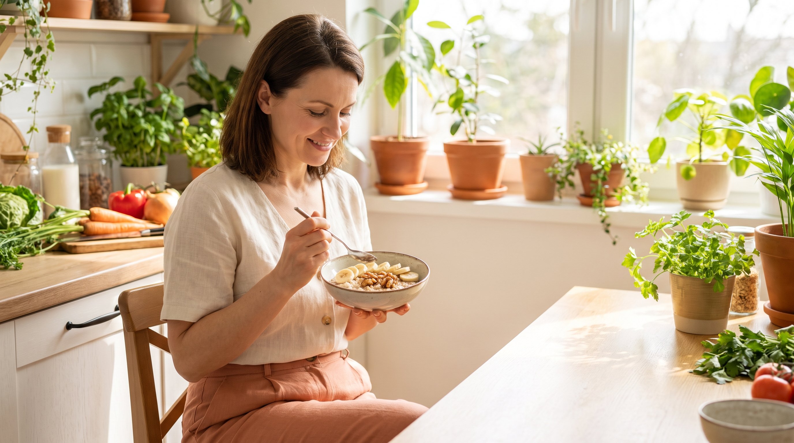 person slicing a banana over a bowl of porridge in a kitchen
