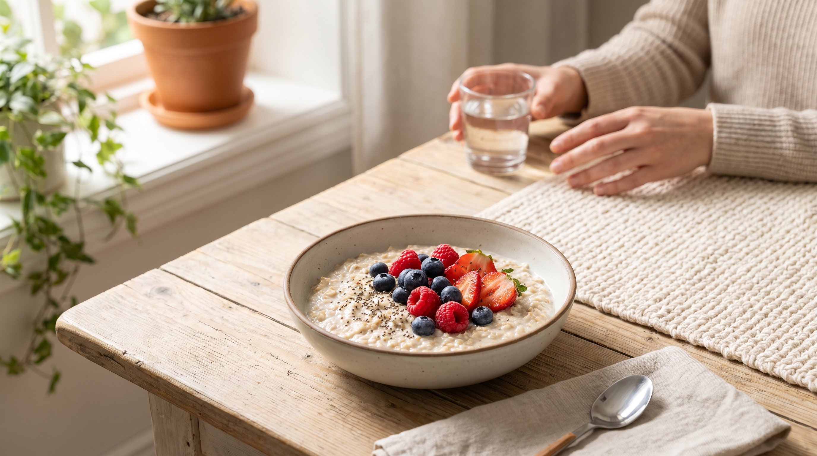 bowl of oats topped with berries and seeds