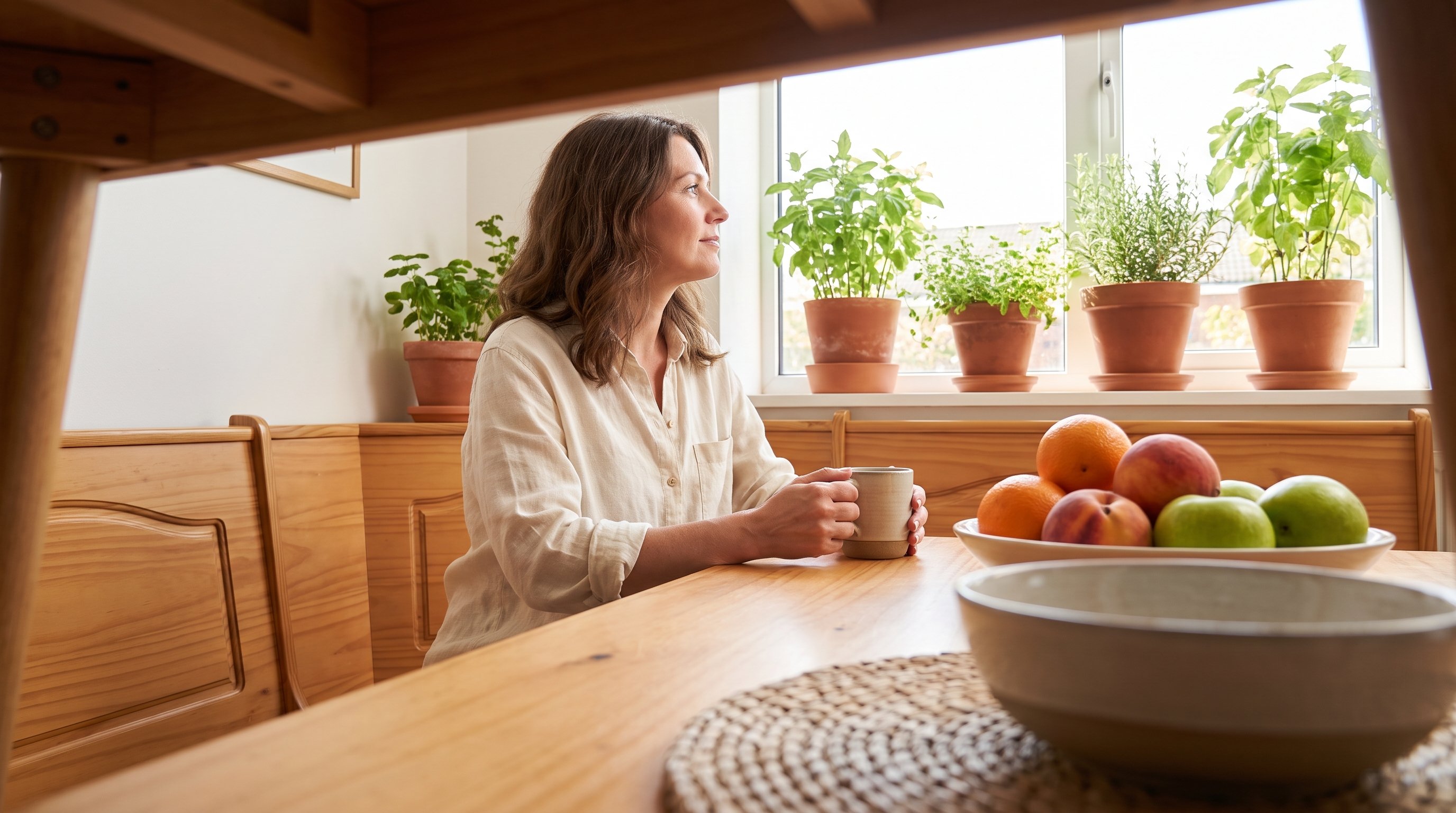 A relaxed woman in her 40s sitting calmly at a sunny dining nook with a cup of tea