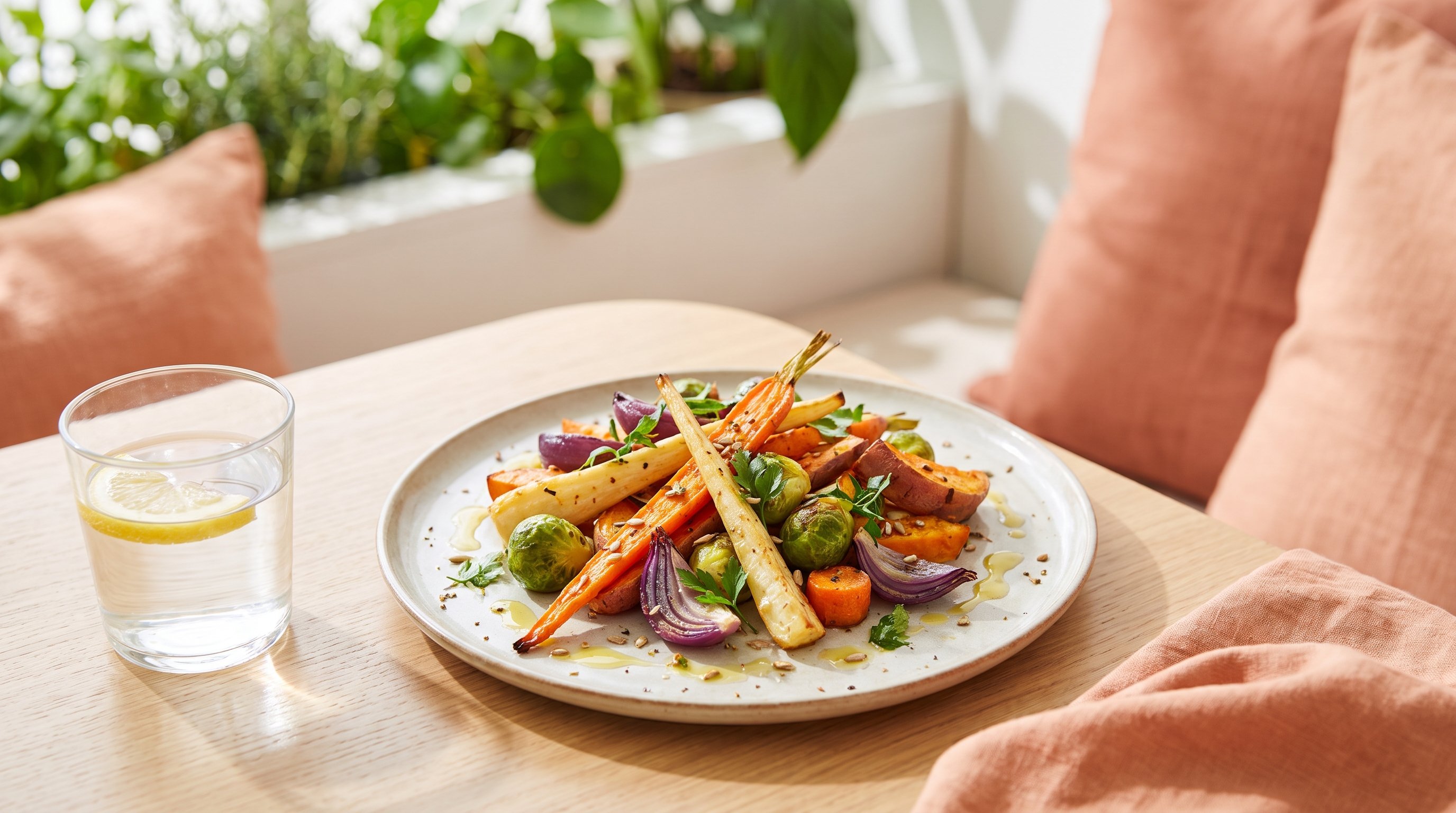 A roasted vegetable plate on a sunny dining nook beside a glass of water