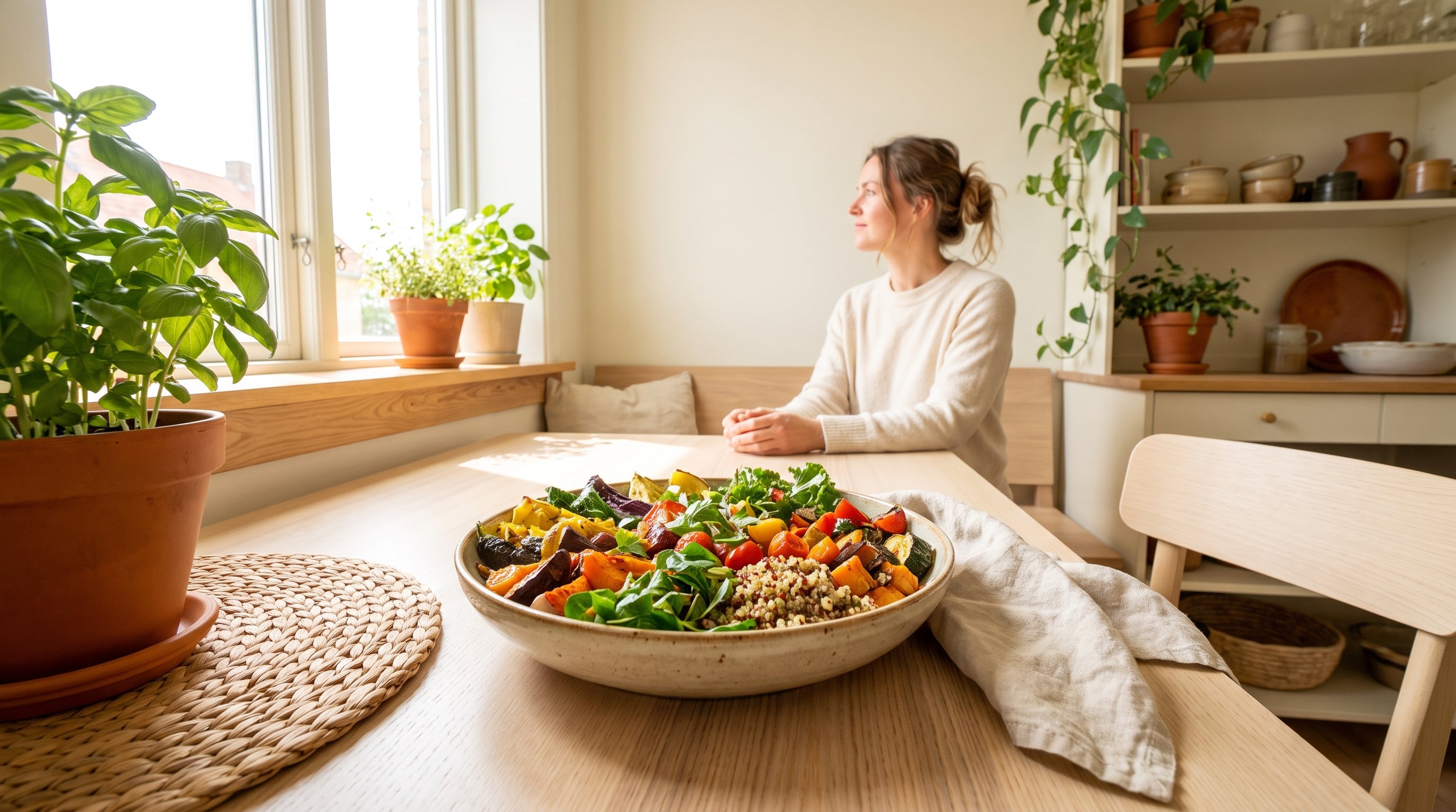 A colourful vegetable-rich bowl ready to eat on a sunny dining nook