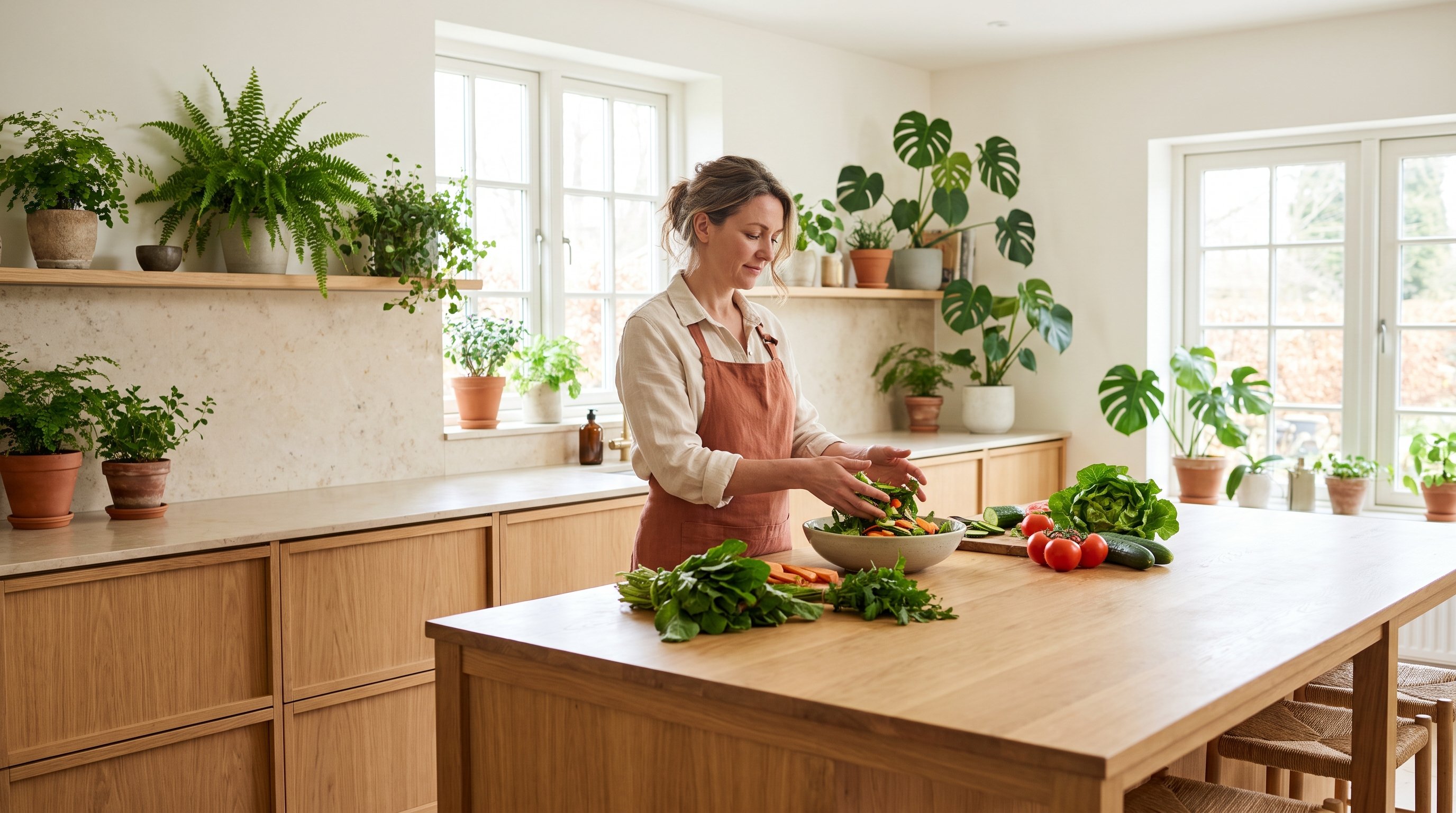A relaxed woman in her 40s preparing a fresh produce salad in a plant-filled kitchen