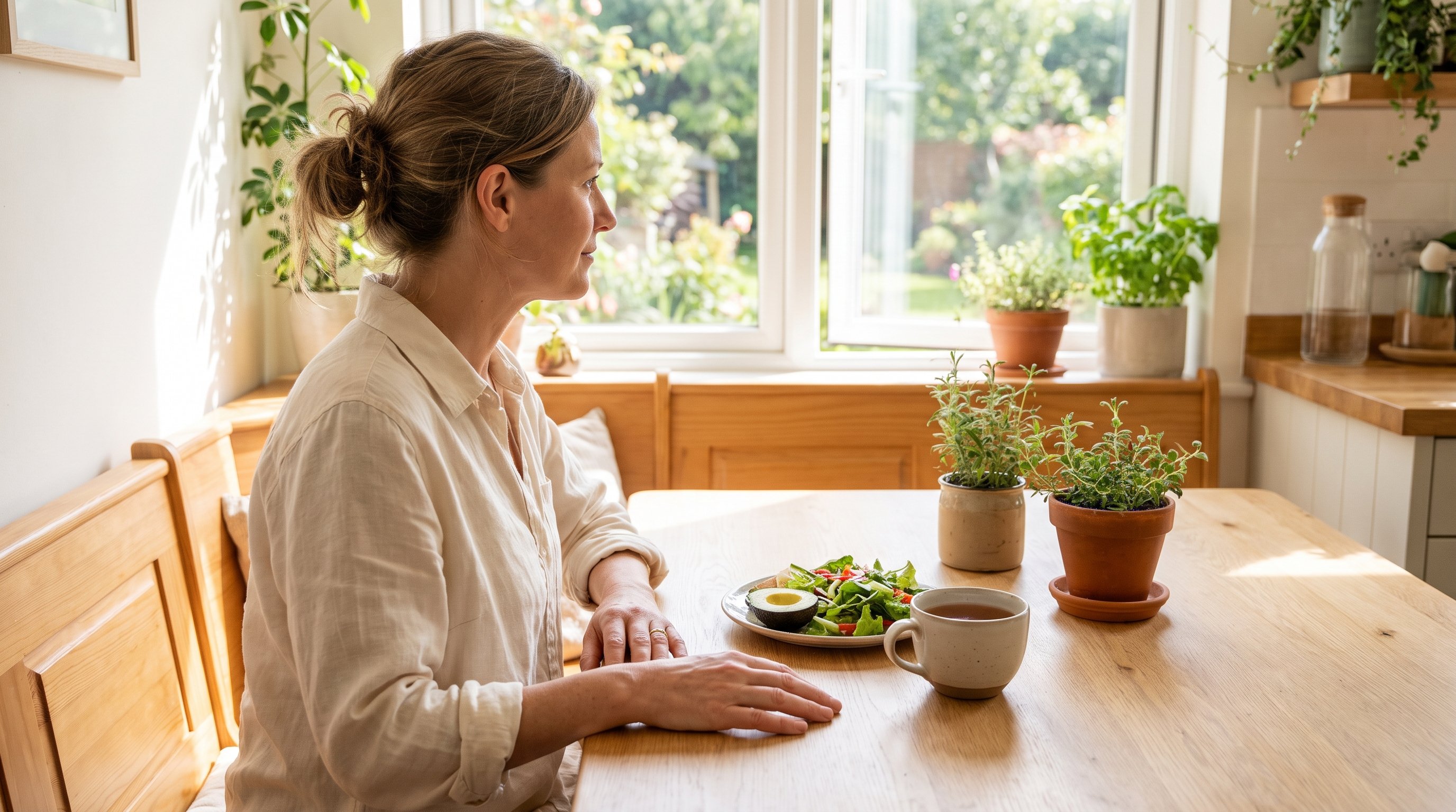 A relaxed woman in her 40s sitting at a sunny dining nook with a cup of tea