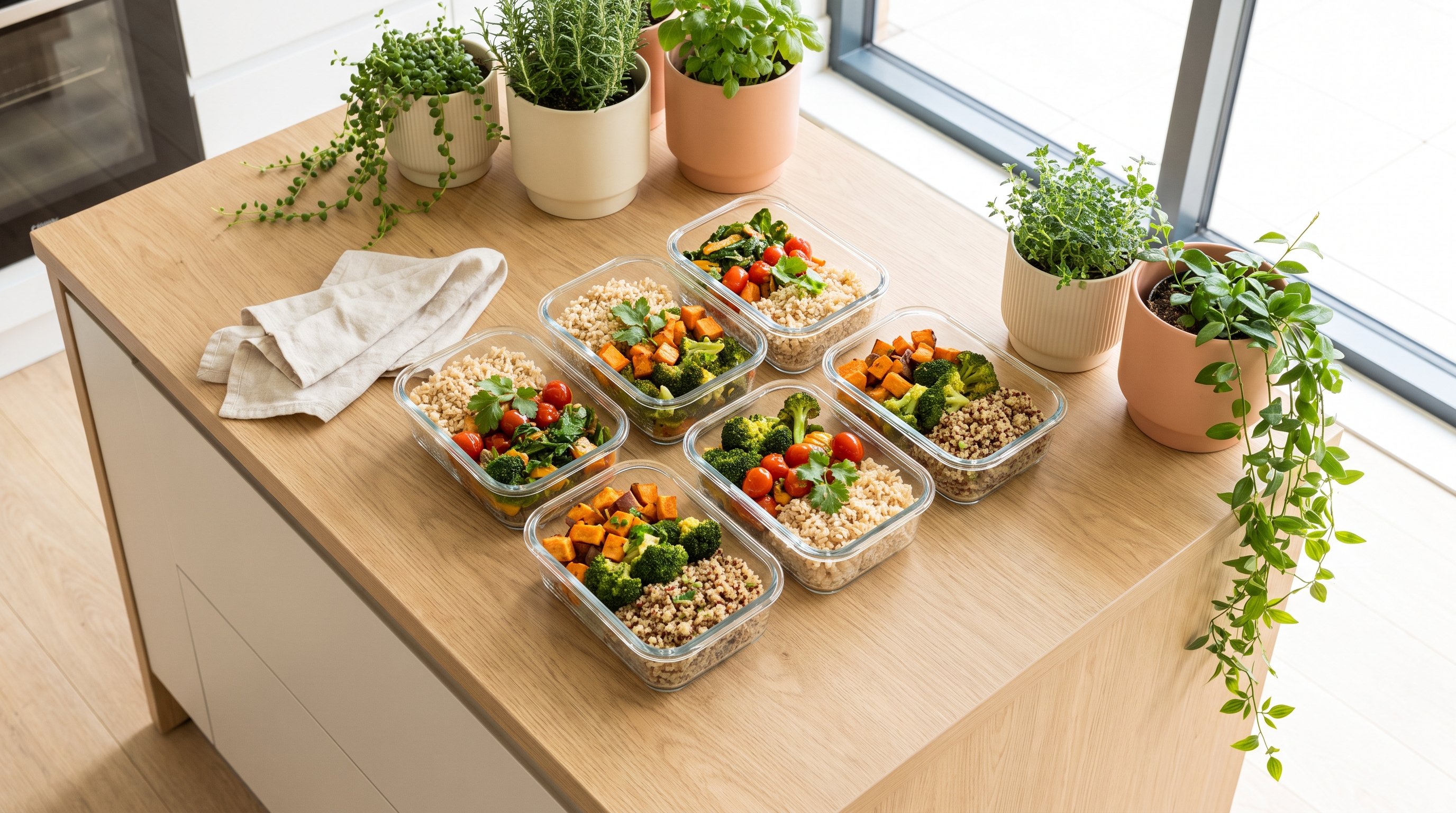 containers of prepped vegetables and grains on a kitchen counter
