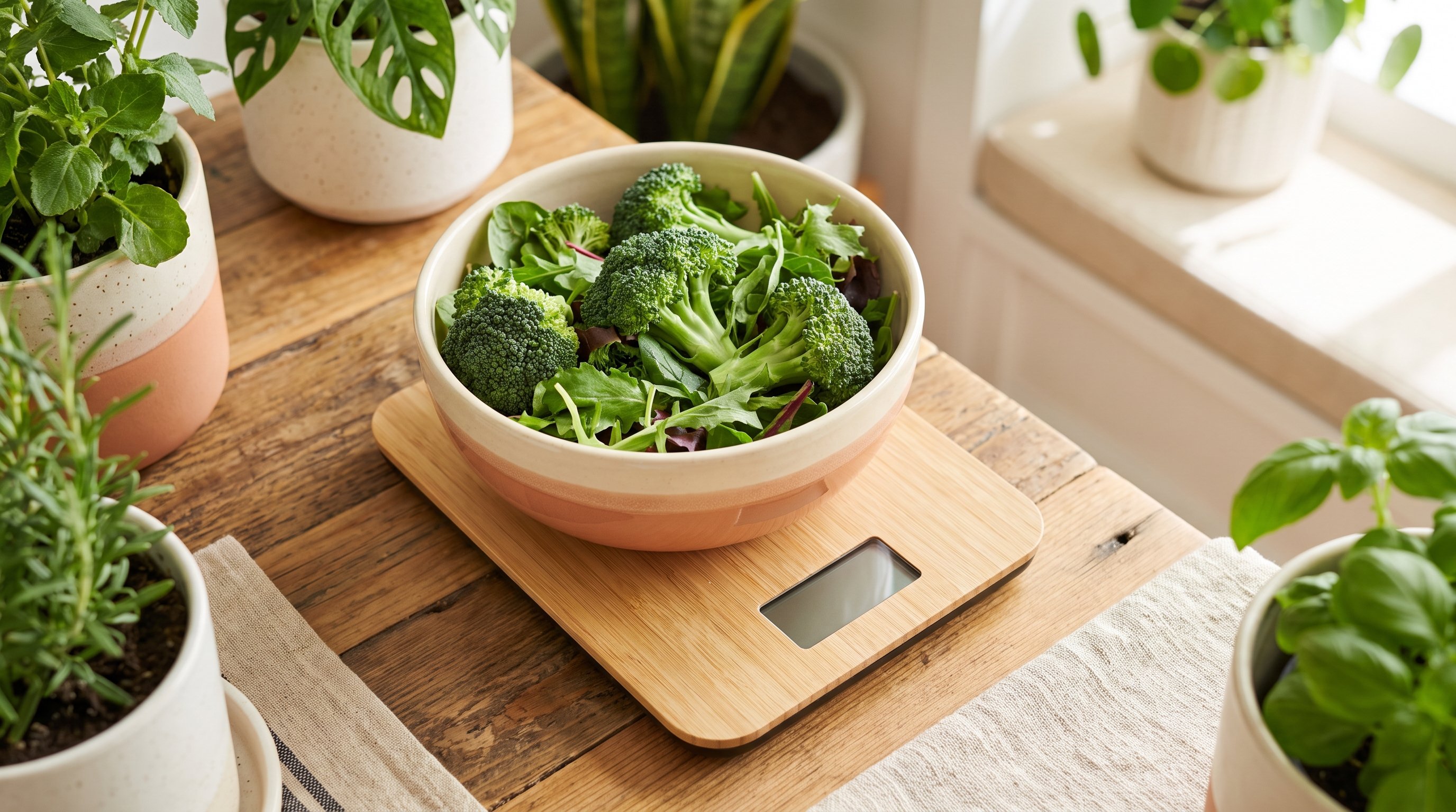 hands using a kitchen scale to weigh vegetables