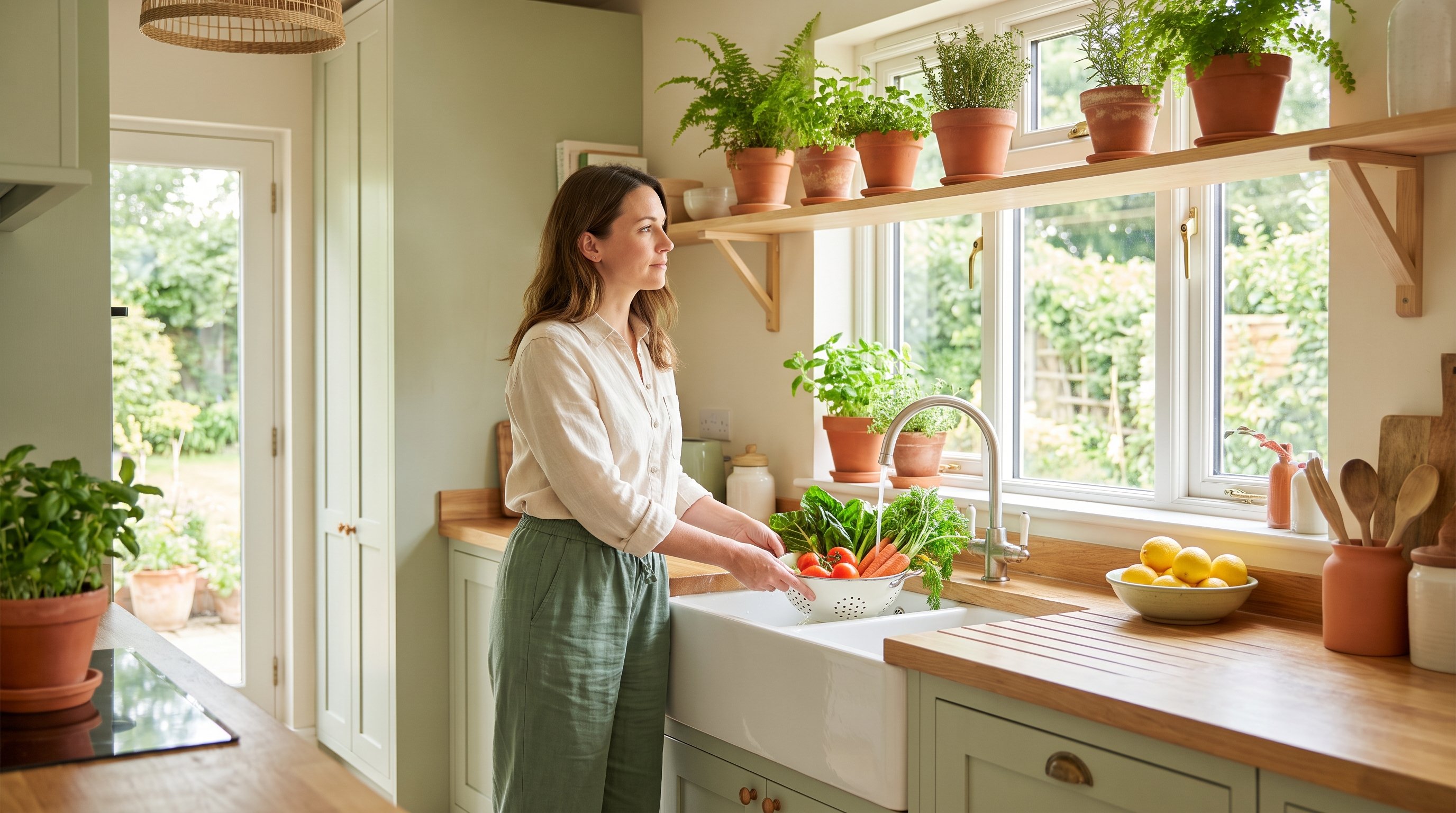 woman checking her phone while preparing dinner ingredients