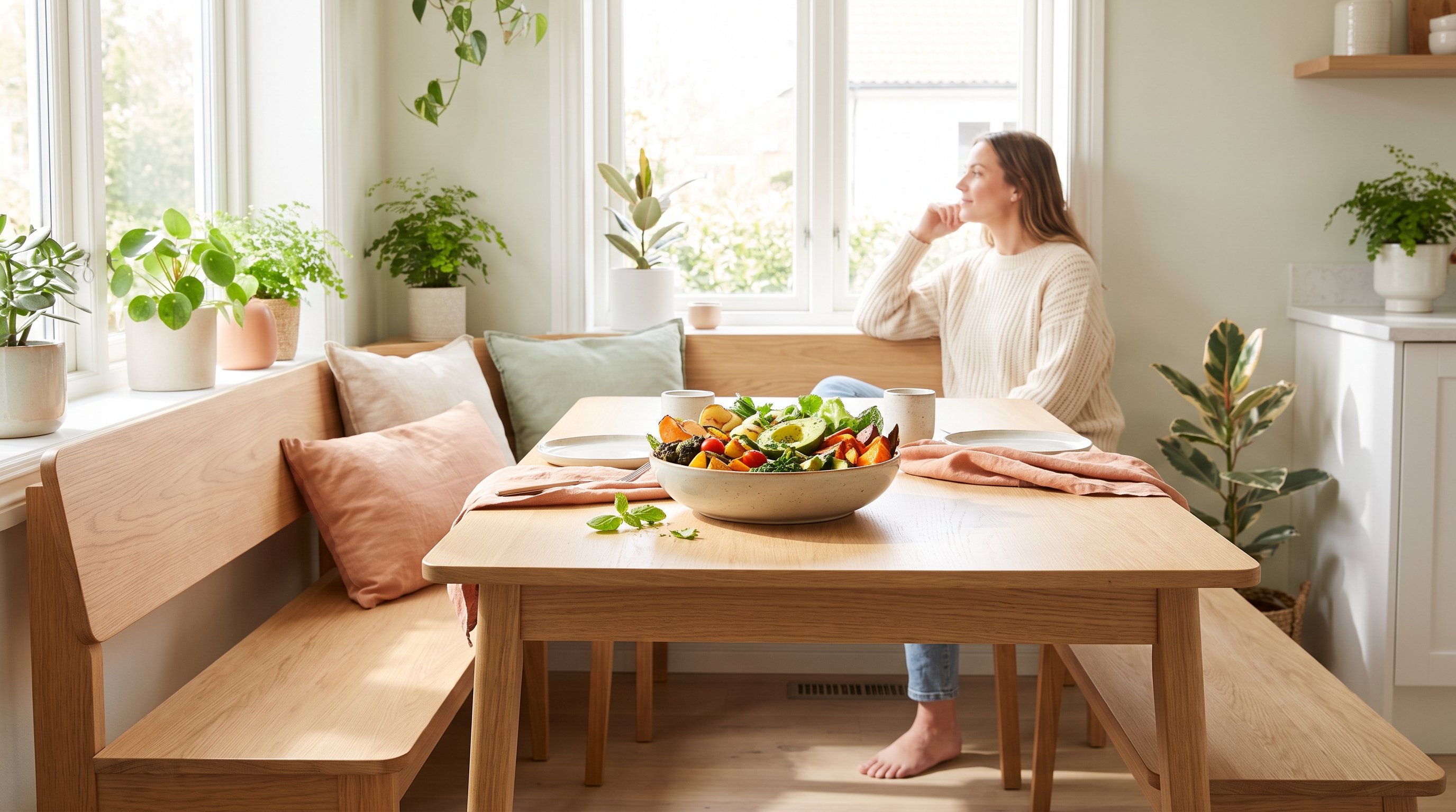 A colourful vegetable-rich bowl on a sunny dining nook A colourful vegetable-rich bowl on a sunny dining nook