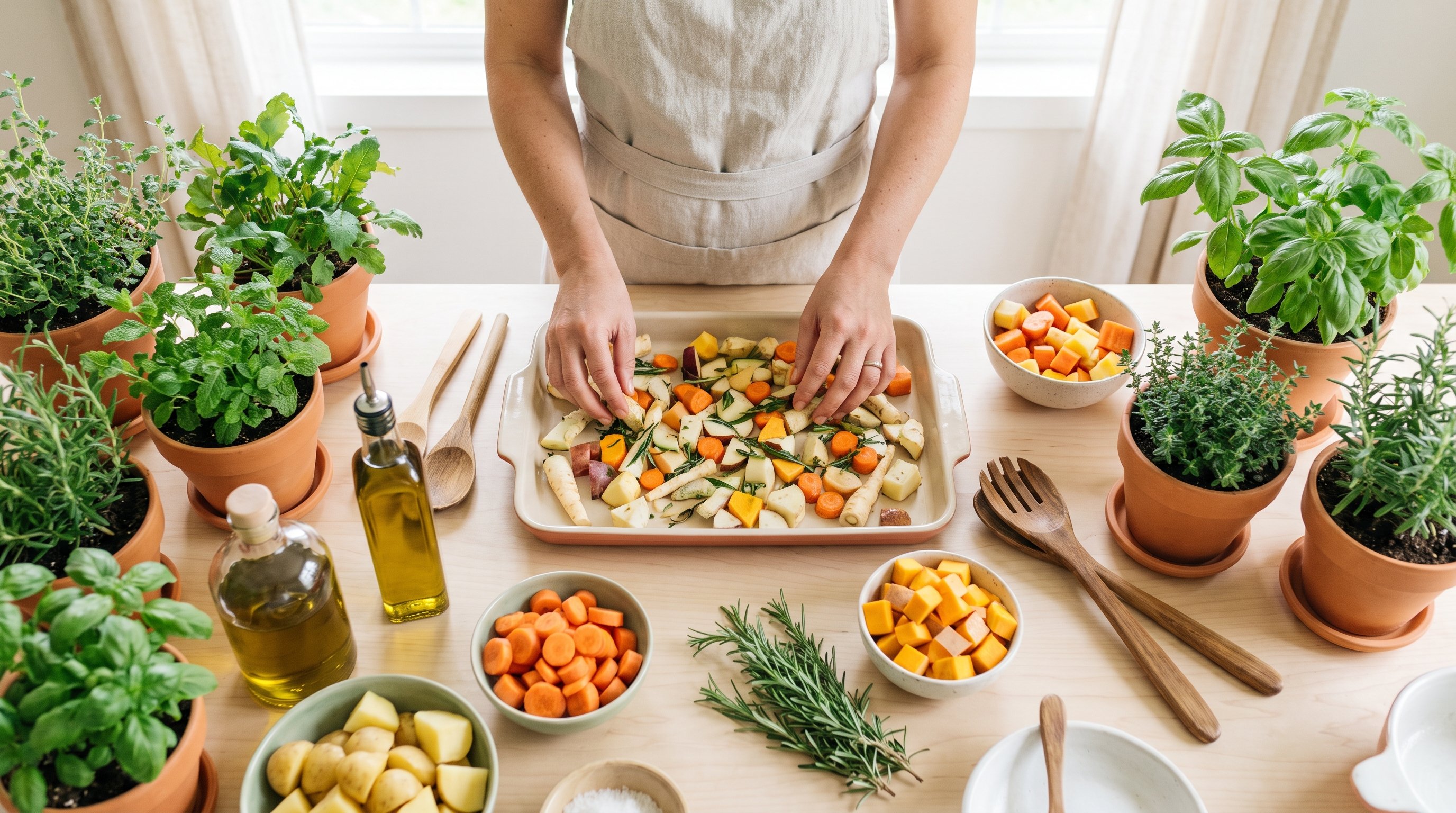 A relaxed woman in her 40s cooking a roasted vegetable plate in a plant-filled kitchen