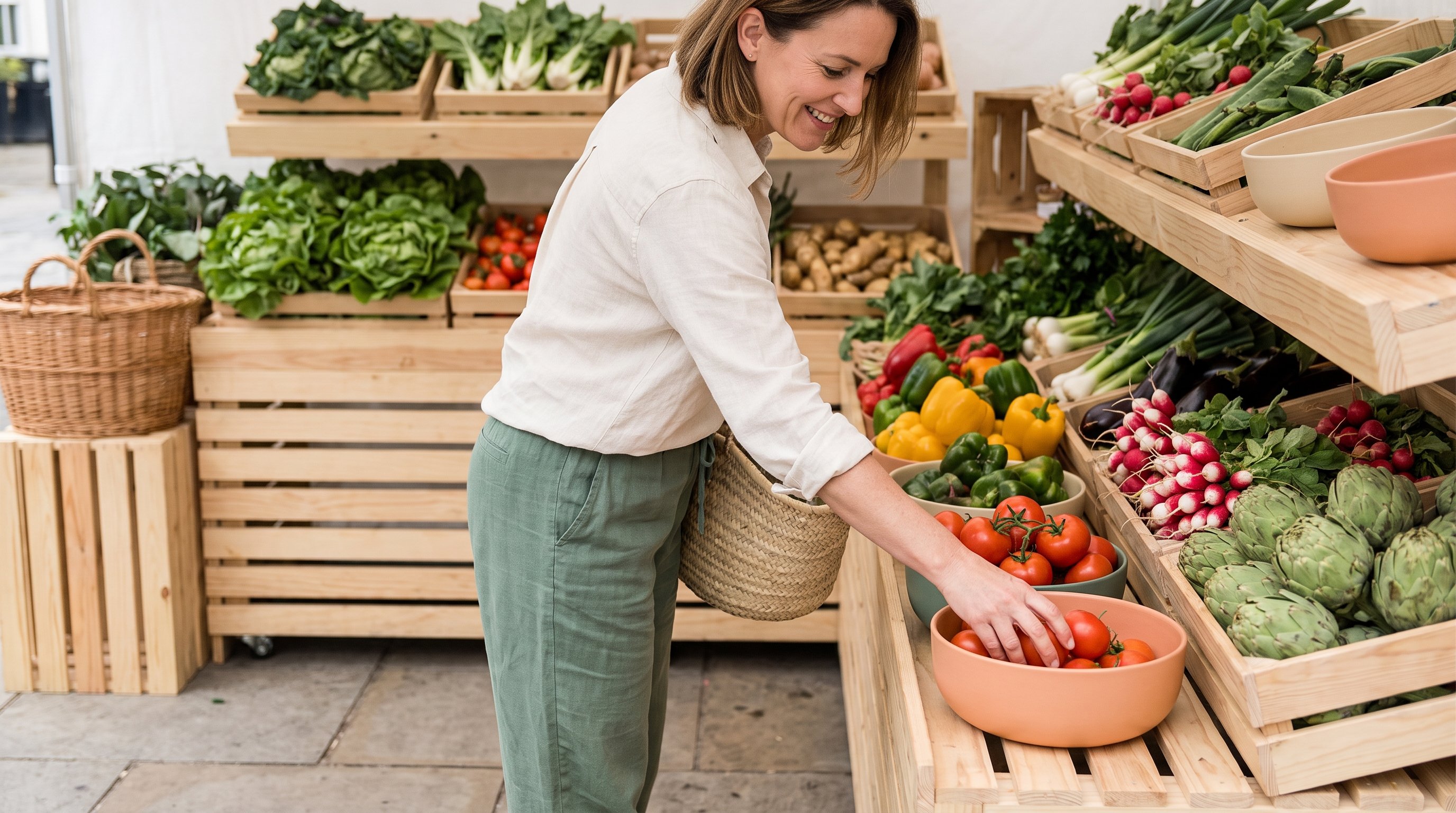 A relaxed woman in her 40s shopping for fresh produce at a market stall