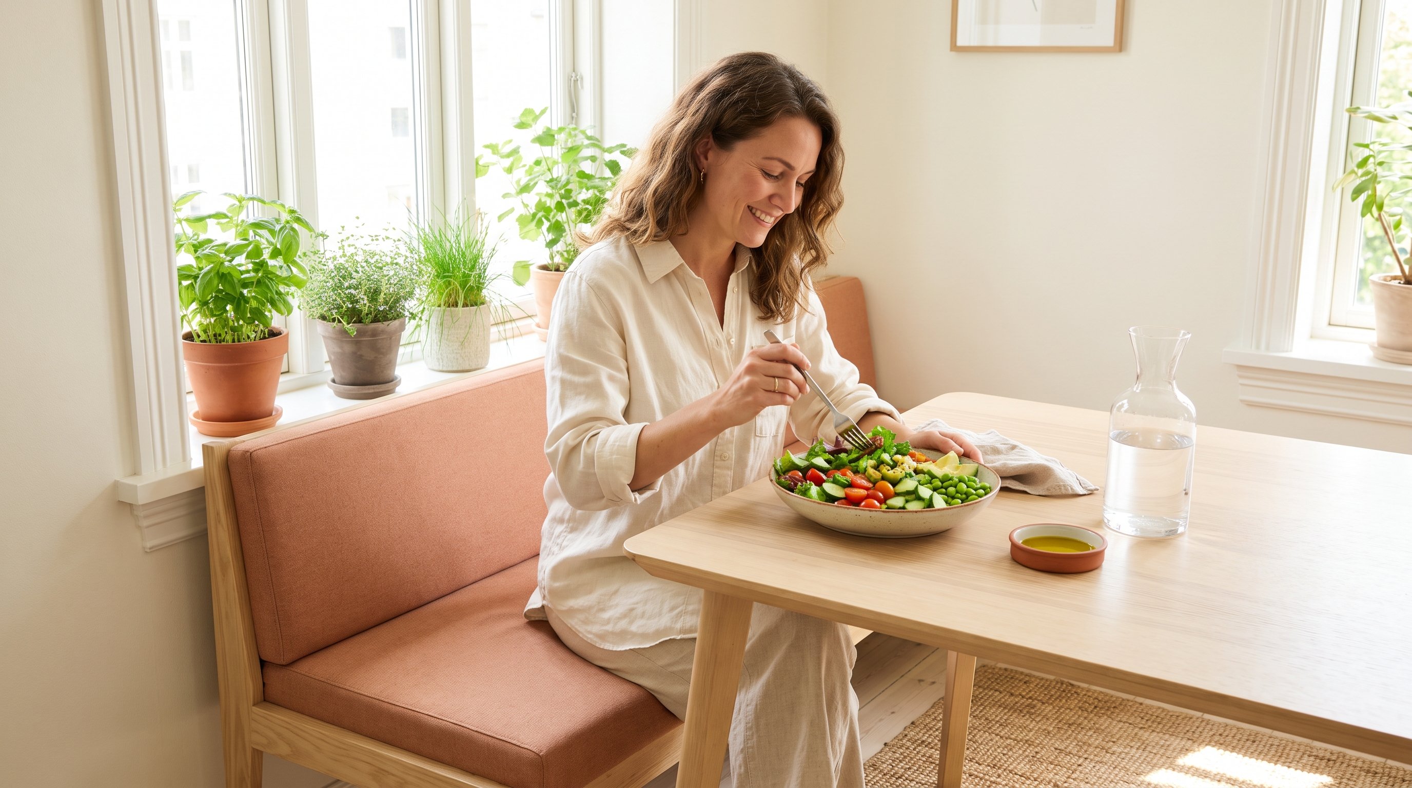 A relaxed woman in her 40s enjoying a fresh produce salad at a sunny dining nook A relaxed woman in her 40s enjoying a fresh produce salad at a sunny dining nook