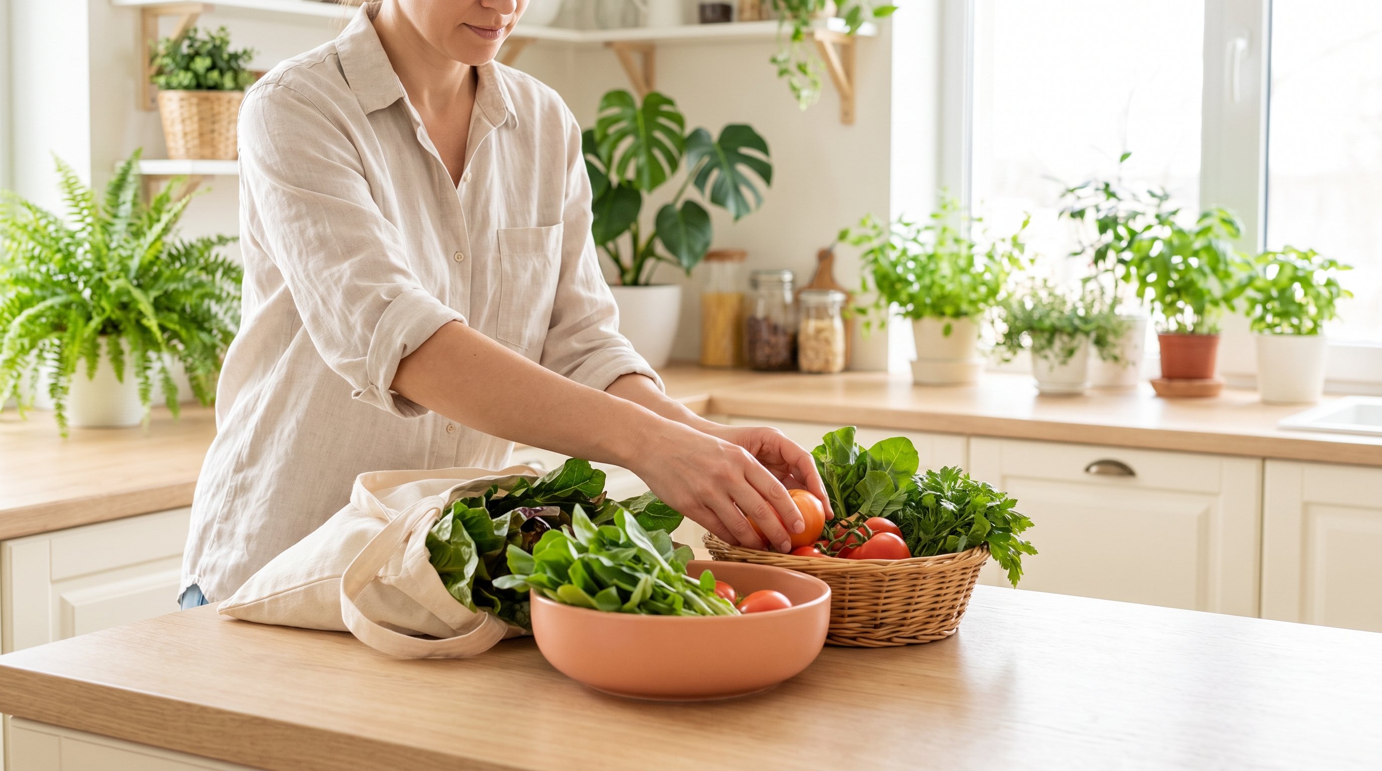 A relaxed woman in her 40s putting groceries away in a plant-filled kitchen