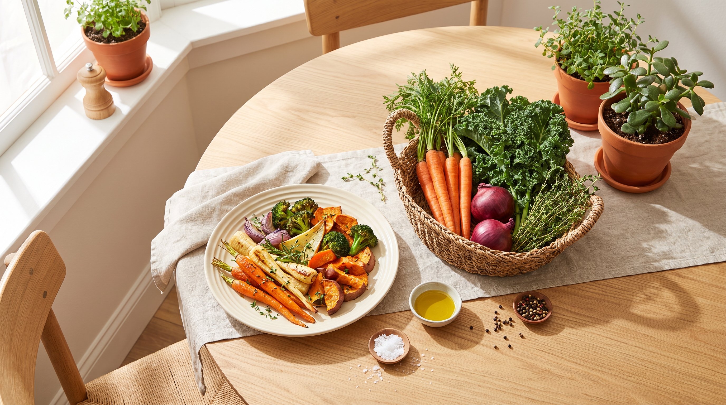 A roasted vegetable plate beside fresh ingredients on a sunny dining nook