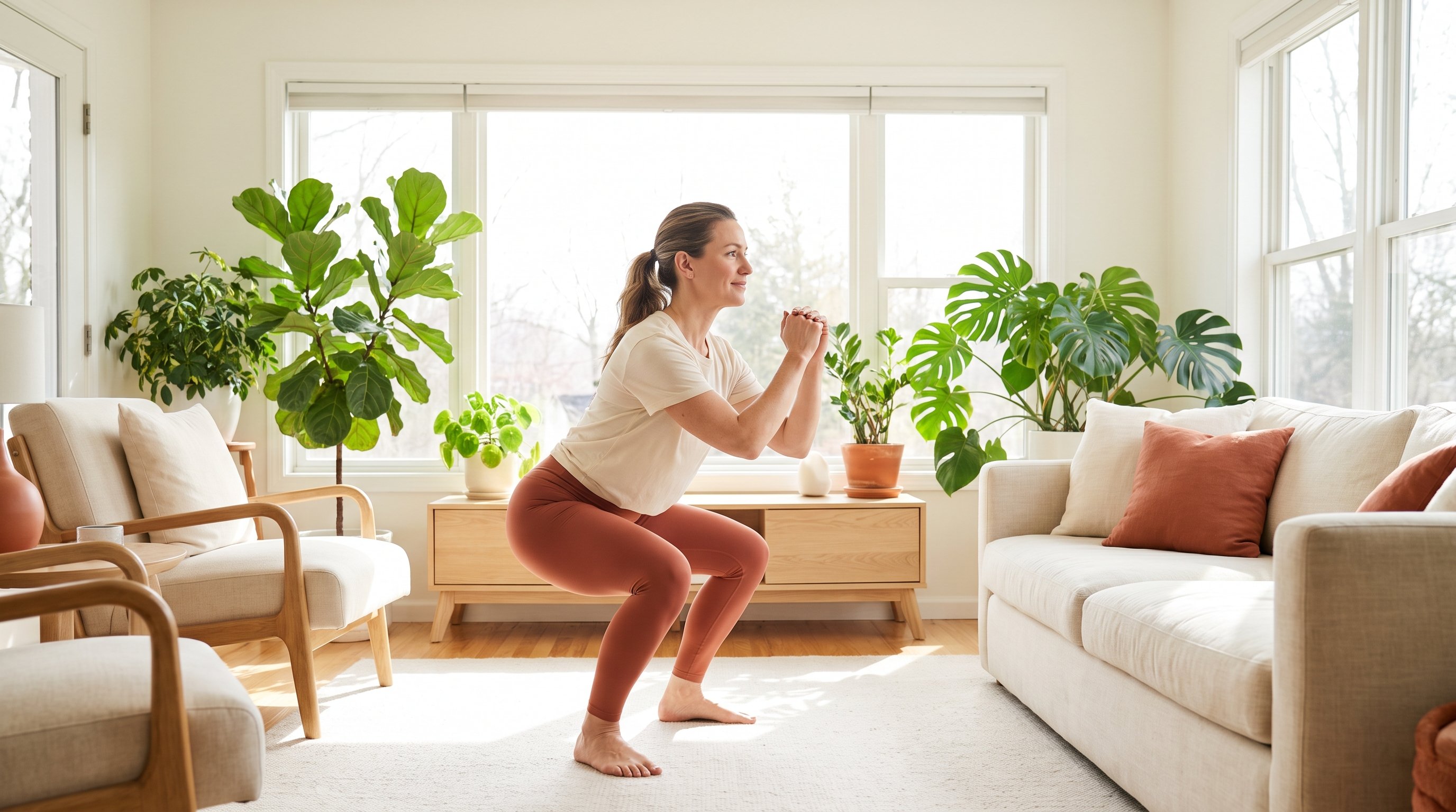 woman doing bodyweight squats in a living room