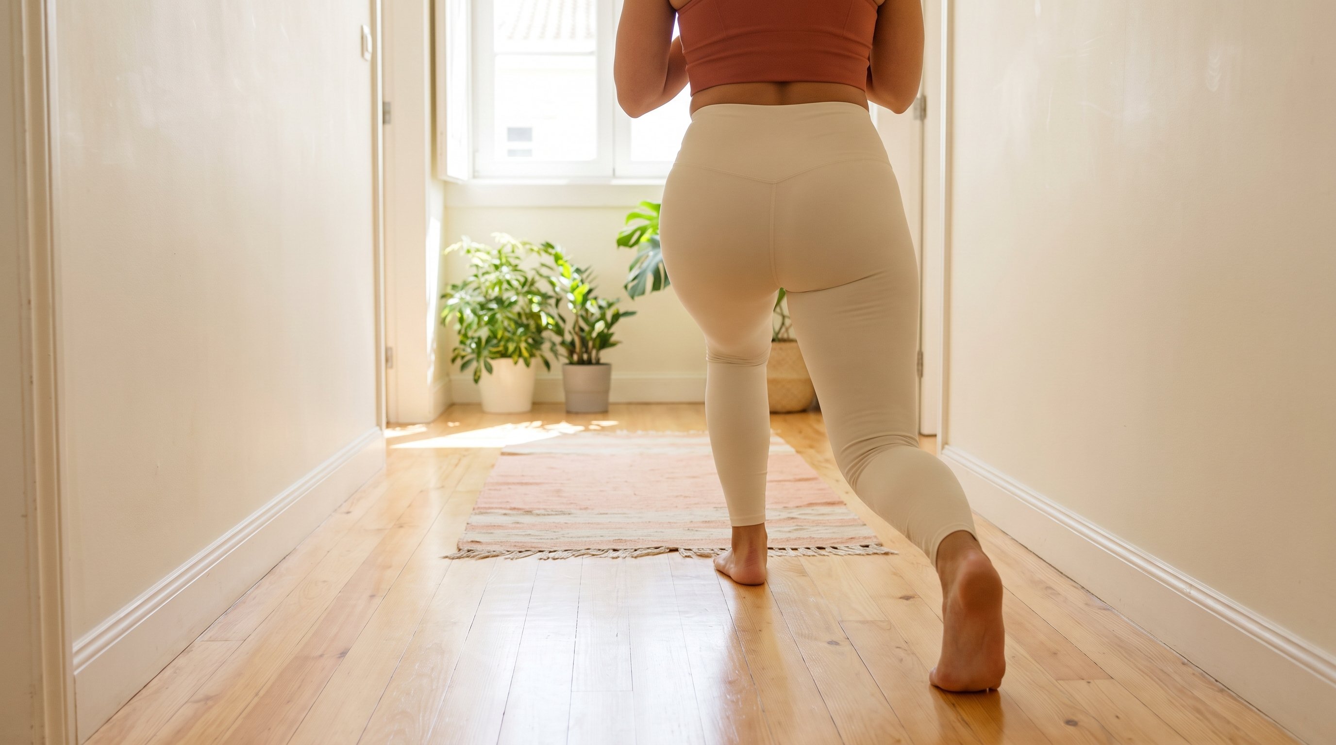 man doing lunges in a small apartment hallway