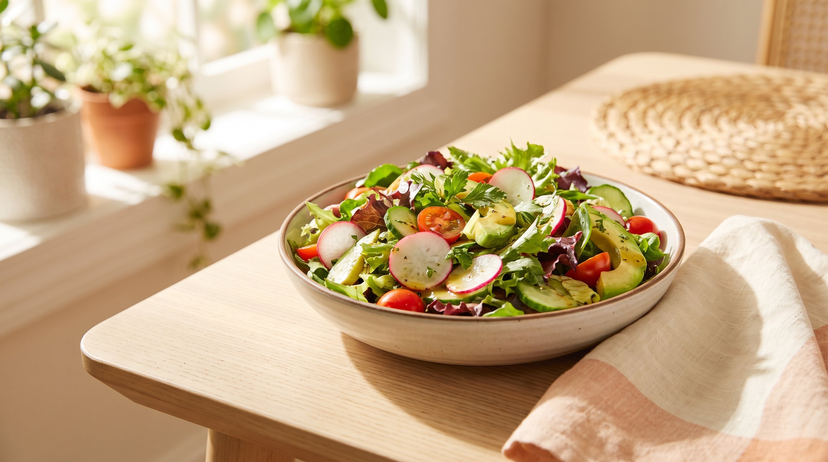 A fresh produce salad served on a sunny dining nook