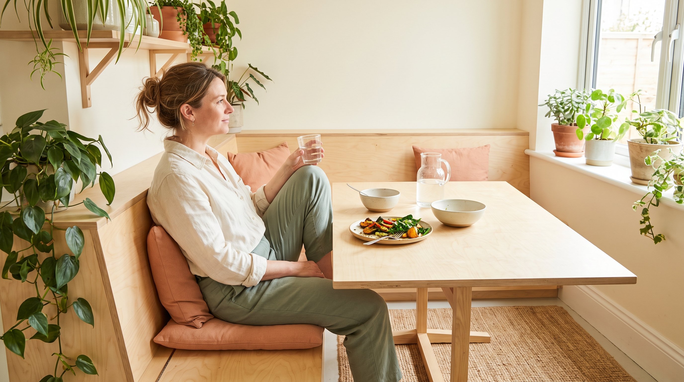A relaxed woman in her 40s relaxing with a glass of water after a meal at a sunny dining nook