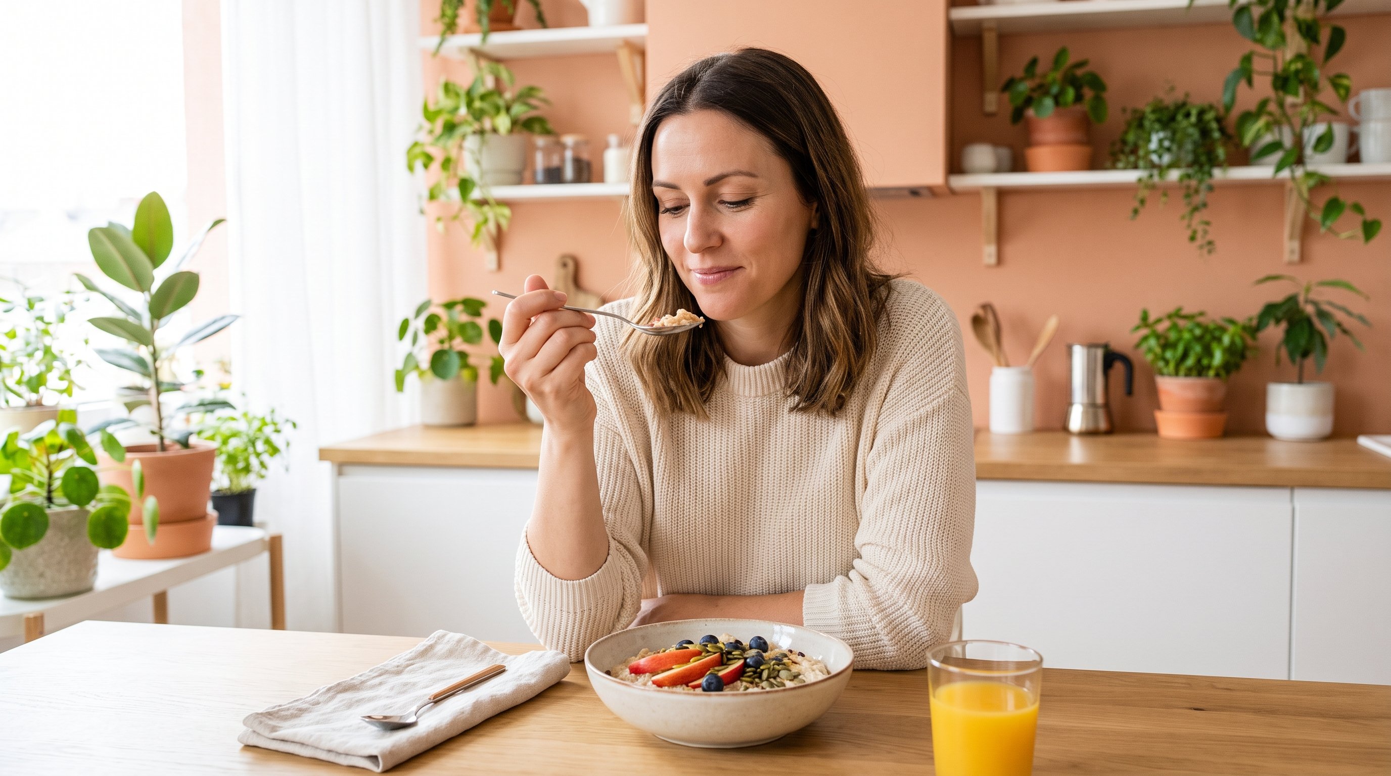 bowl of oats with sliced fruit on wooden table