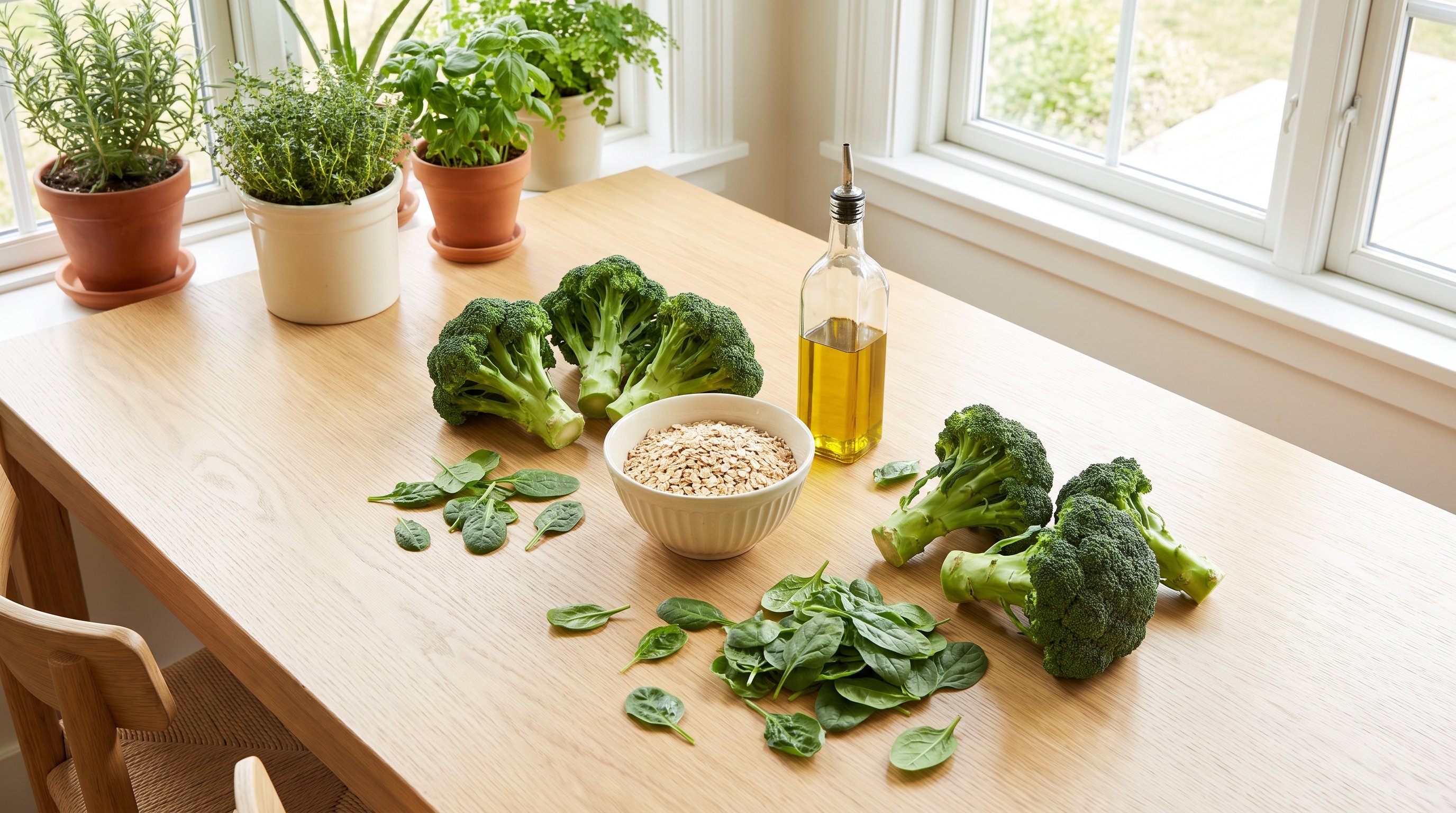 wooden table with vegetables, oats and olive oil wooden table with vegetables, oats and olive oil