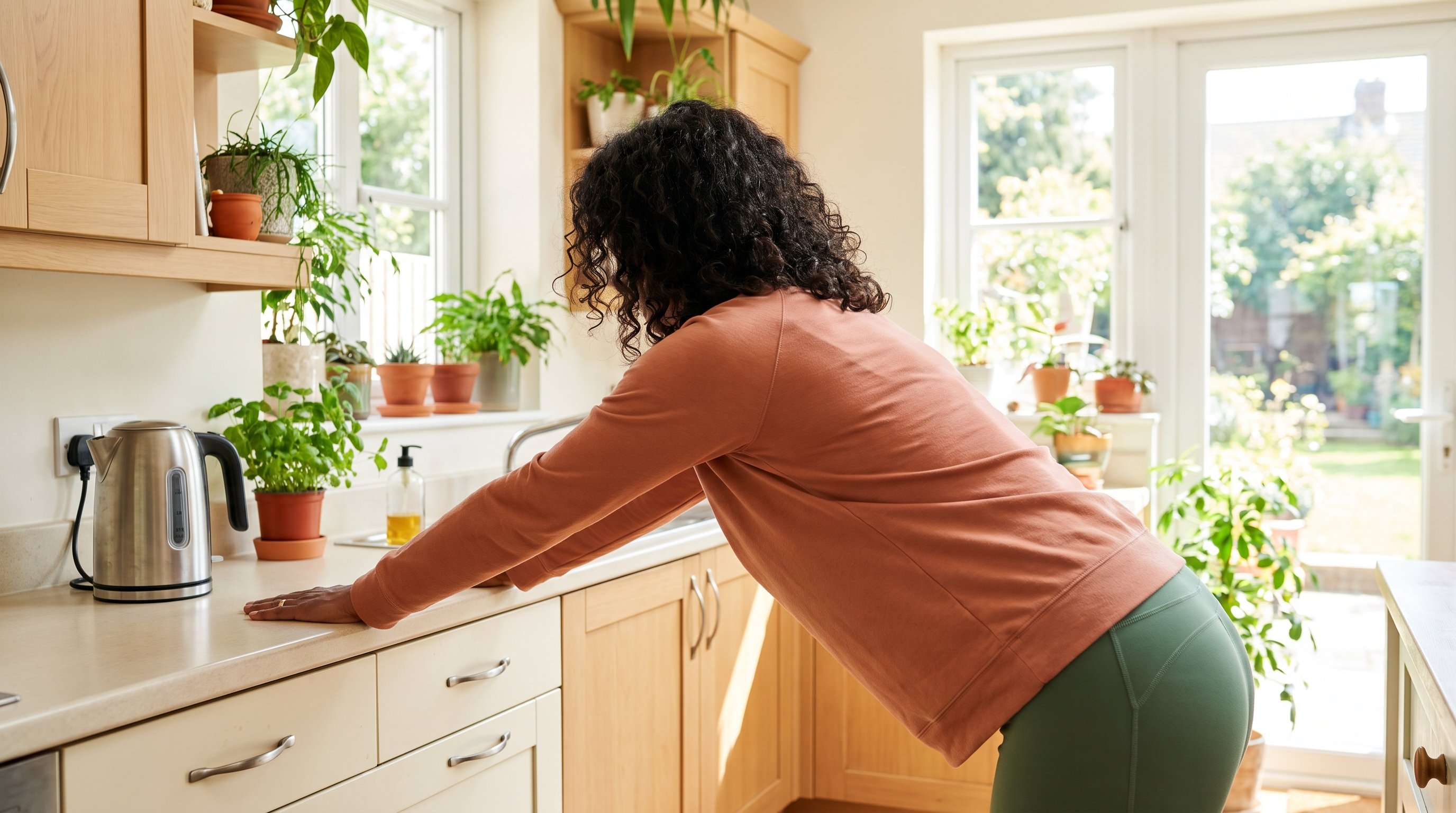 person doing a gentle forward fold stretch in a kitchen
