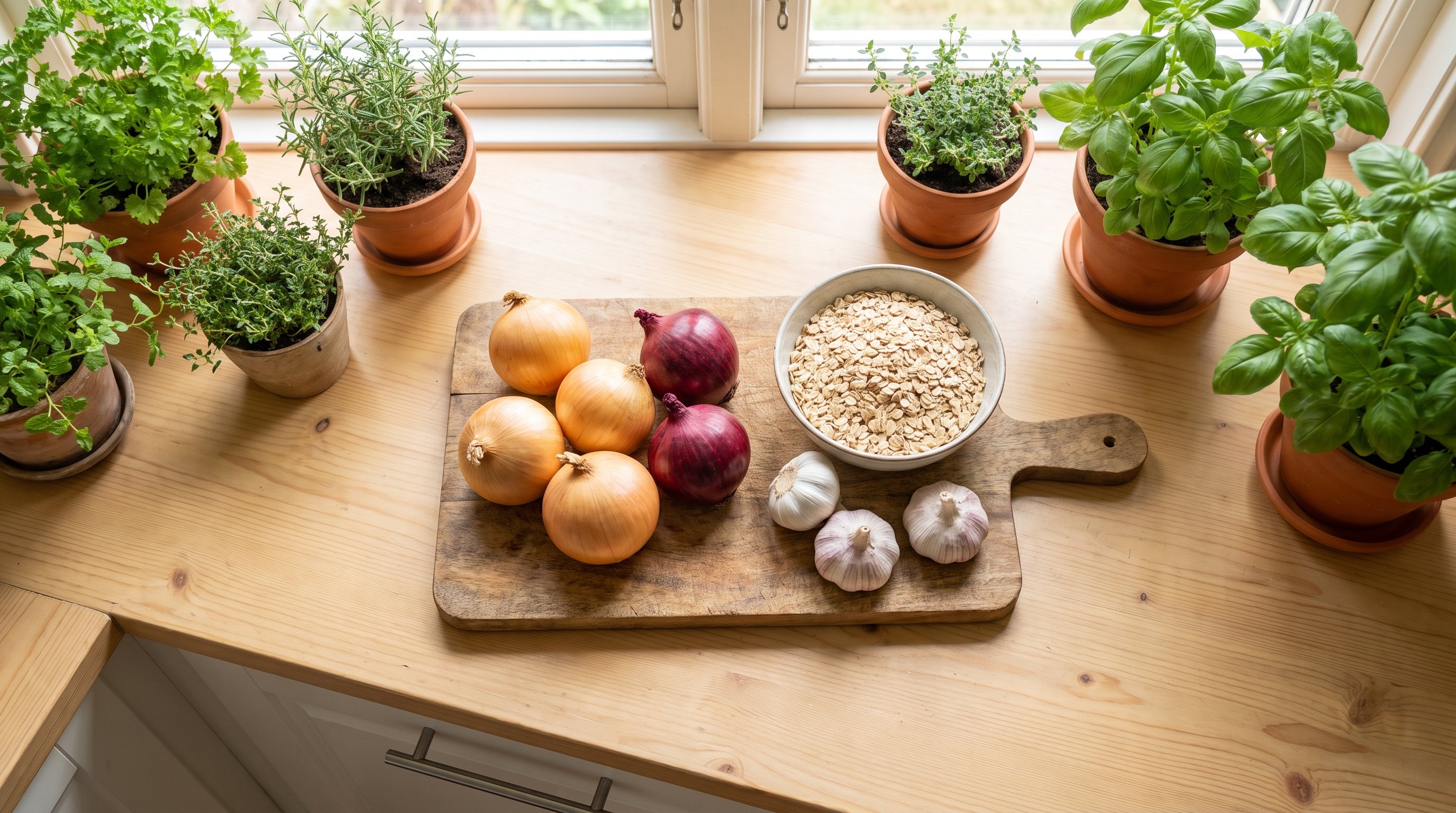 assorted onions, garlic and oats on a wooden board