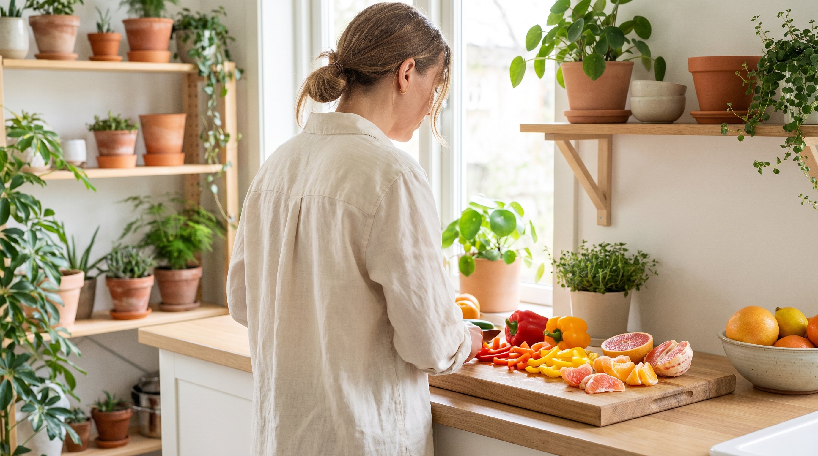 chopping board with sliced red peppers and citrus fruit