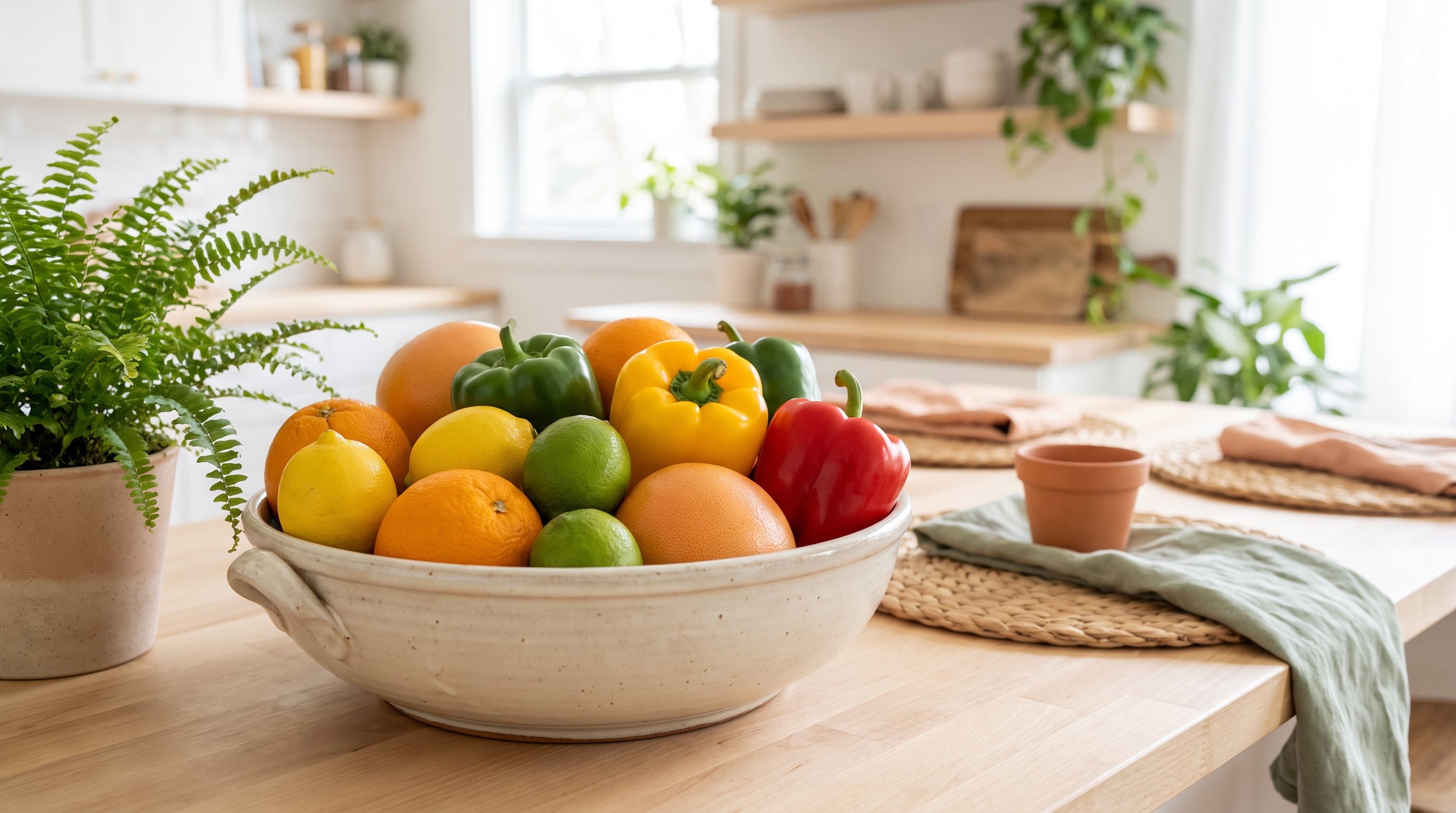 assorted citrus fruits and peppers on a kitchen counter assorted citrus fruits and peppers on a kitchen counter