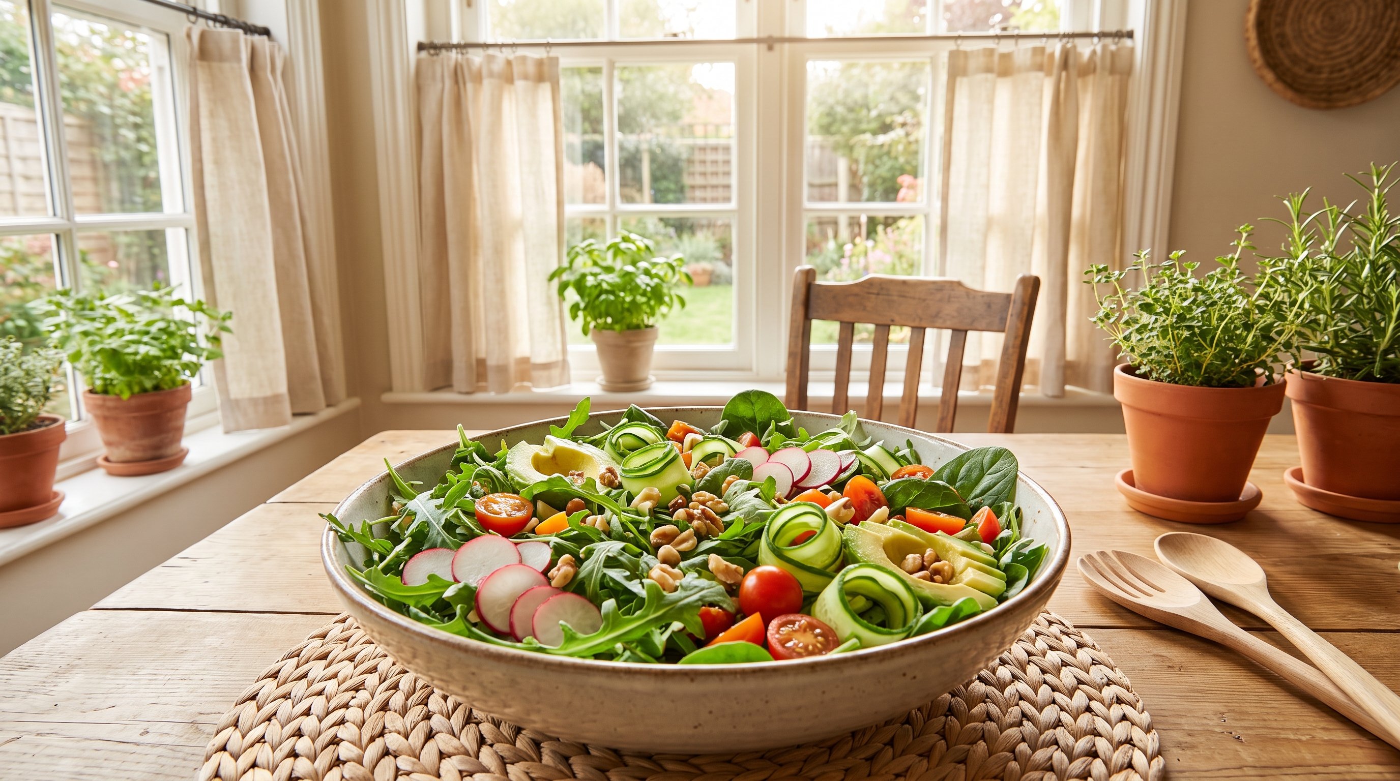 A fresh produce salad on a sunny dining nook