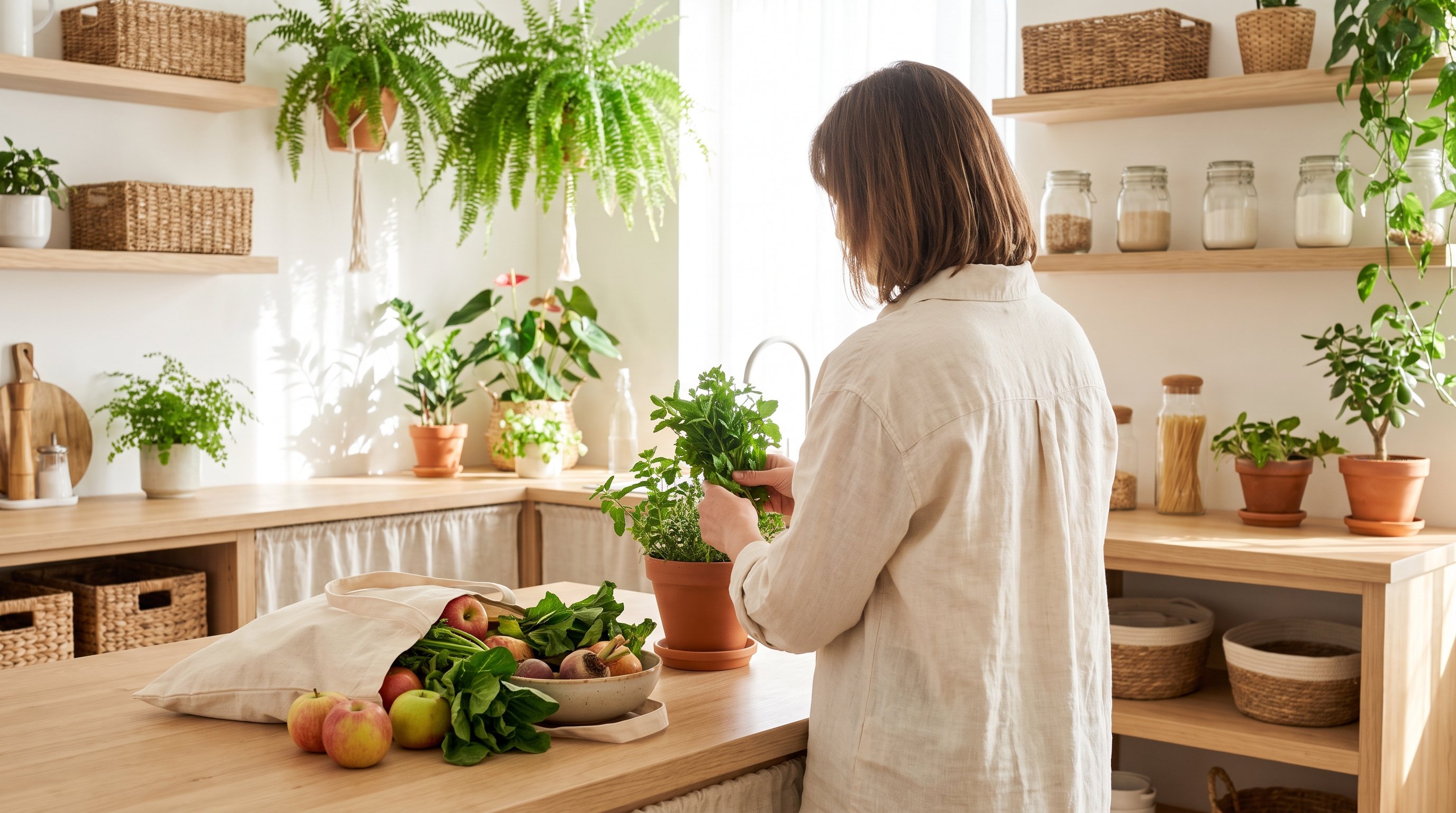 A relaxed woman in her 40s unpacking fresh groceries in a plant-filled kitchen