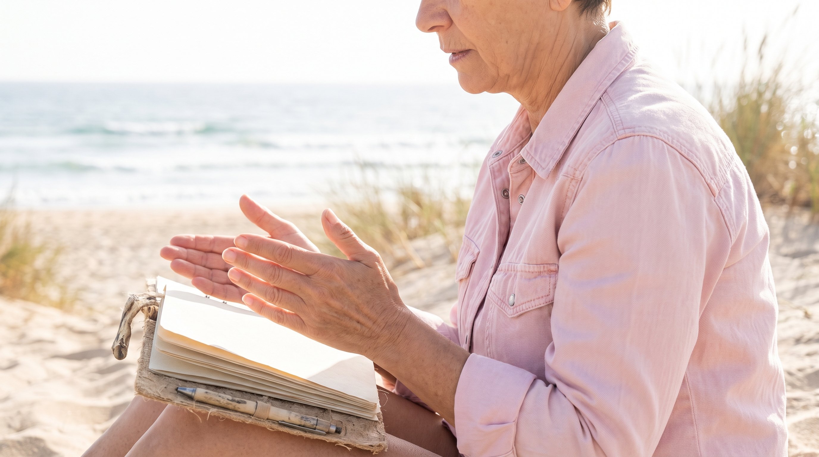 woman writing in a journal by a sunny window in the morning
