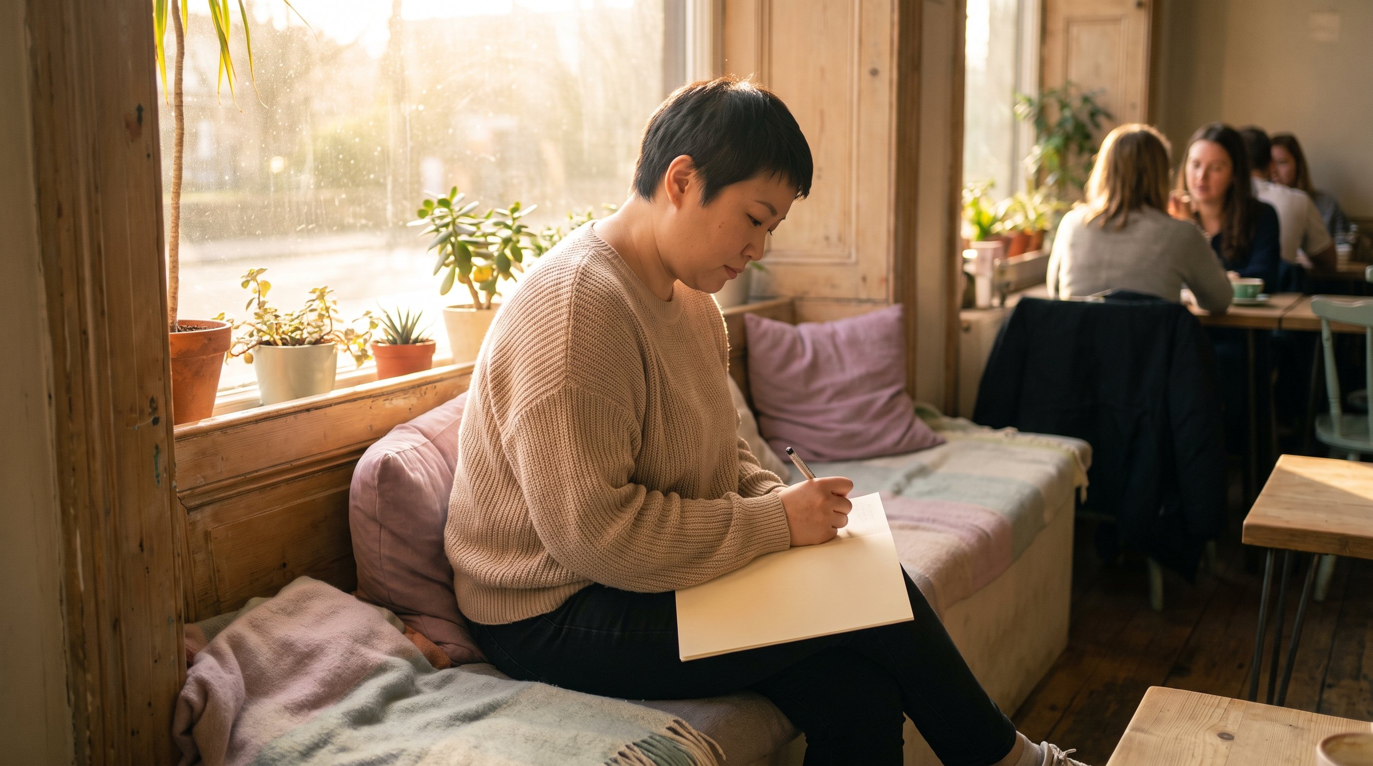 woman writing in a notebook at a kitchen table in the morning