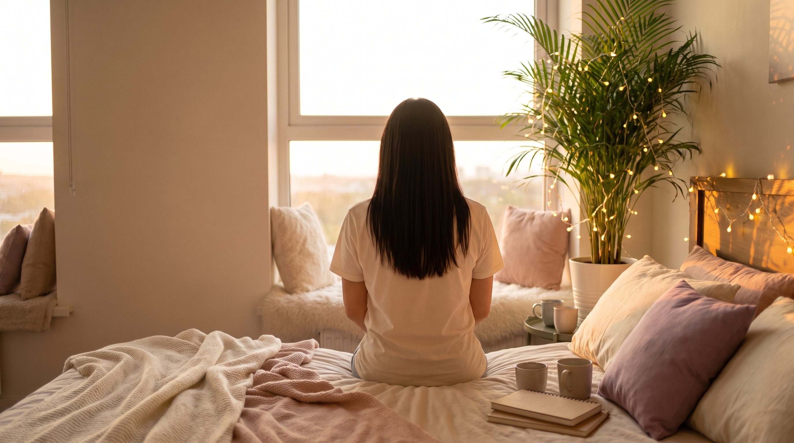 person sitting quietly on edge of bed in dim evening light