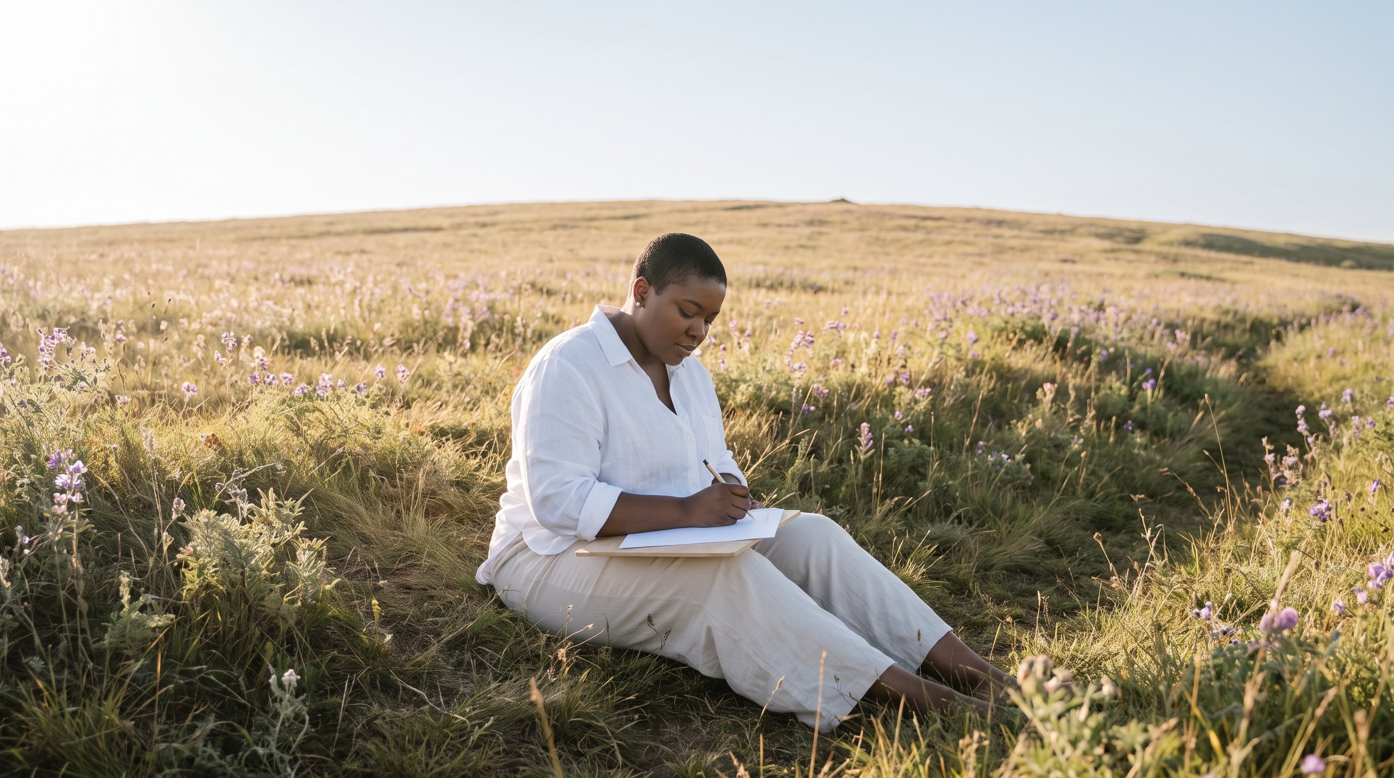 person writing in notebook by sunlit window early morning