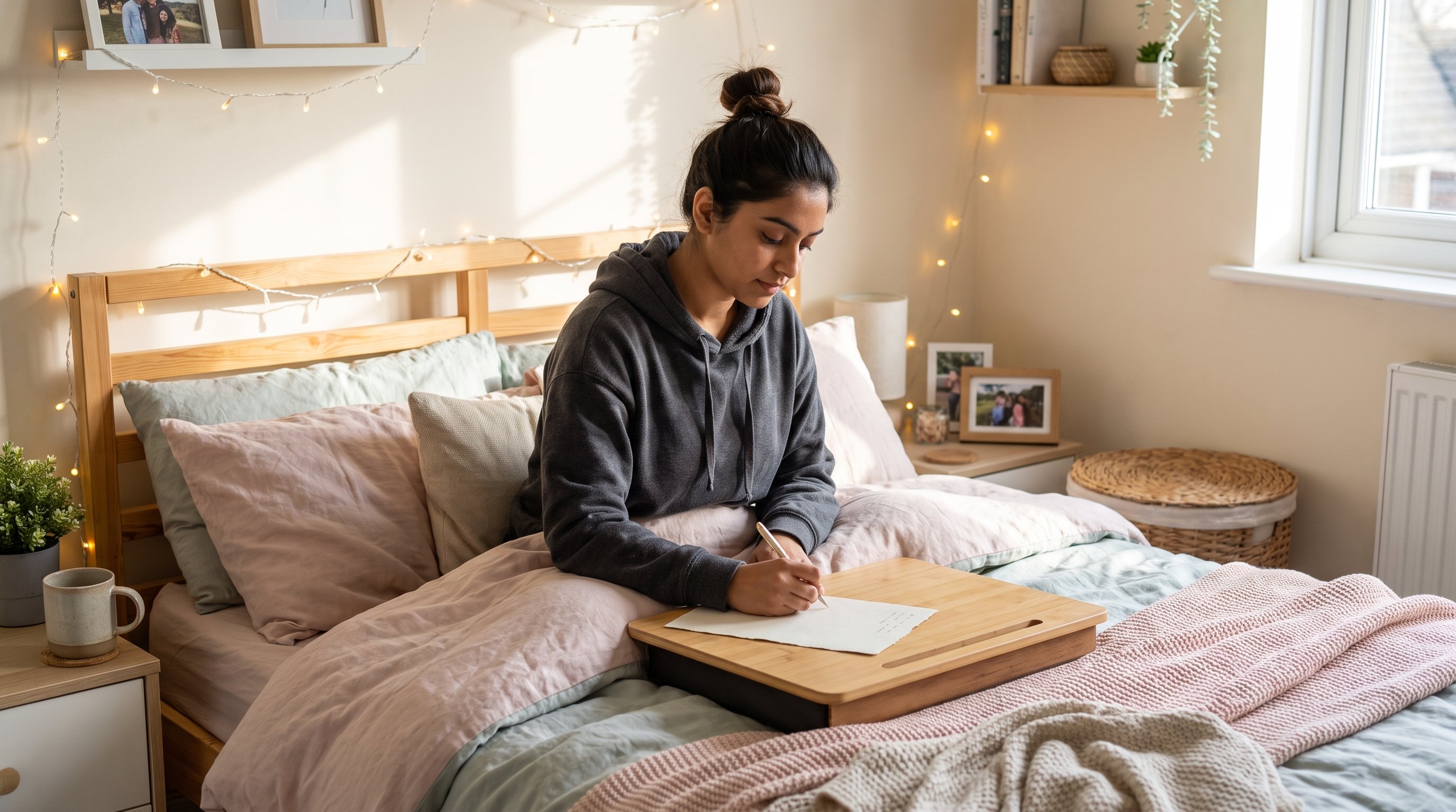 woman writing in notebook by a sunlit window