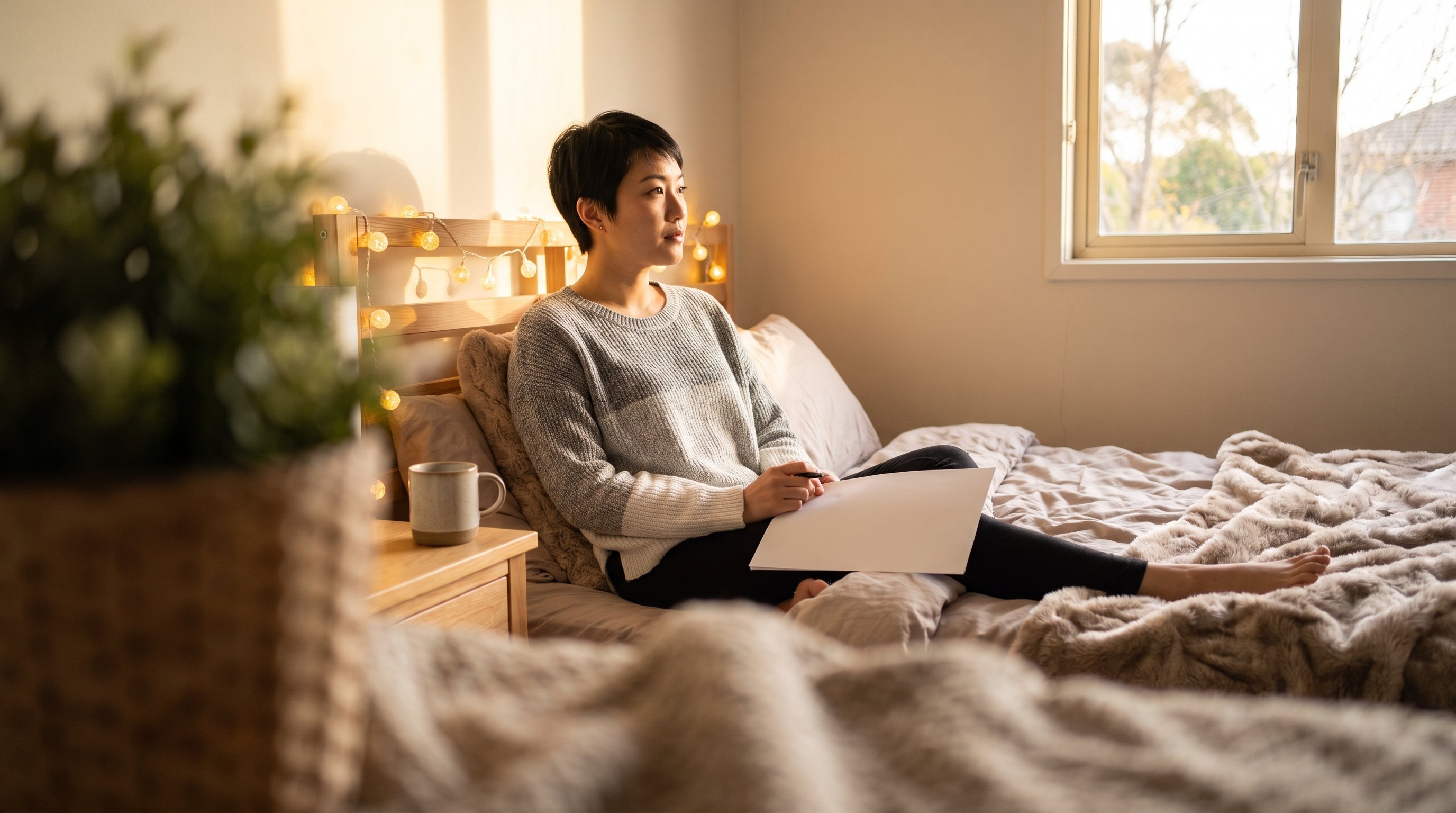 person writing in journal beside morning coffee cup