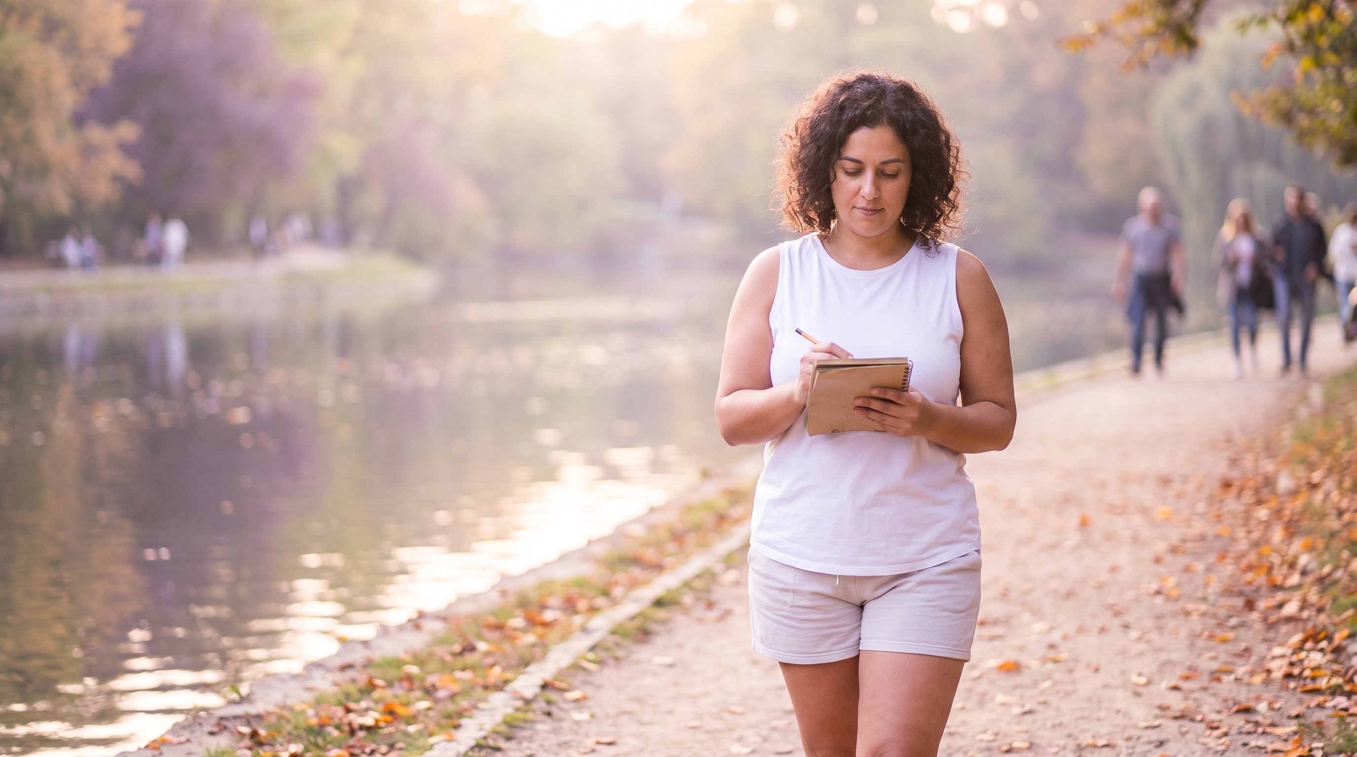 person sitting on bed writing in small journal with phone nearby