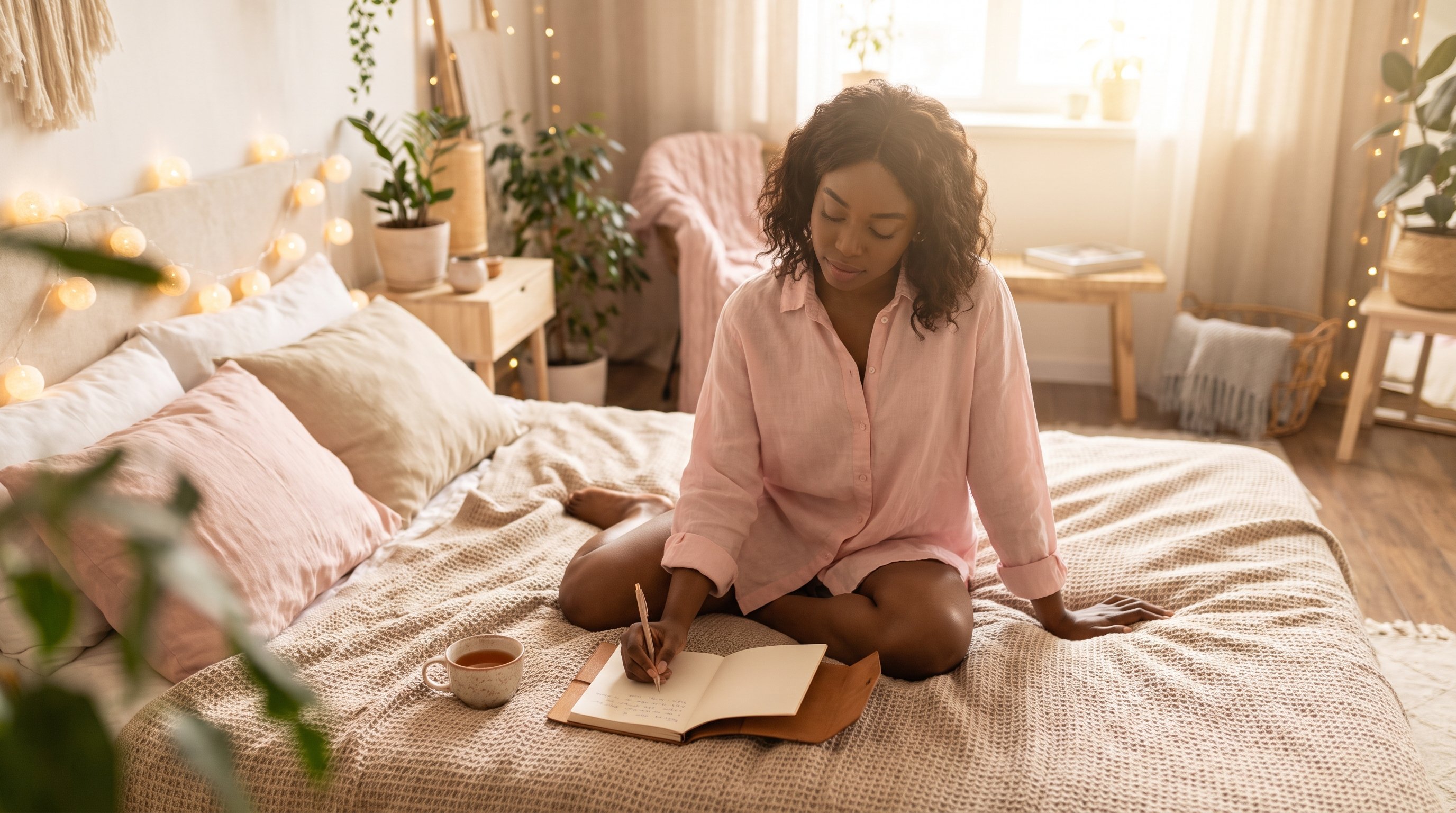 woman writing in a notebook beside a cup of tea