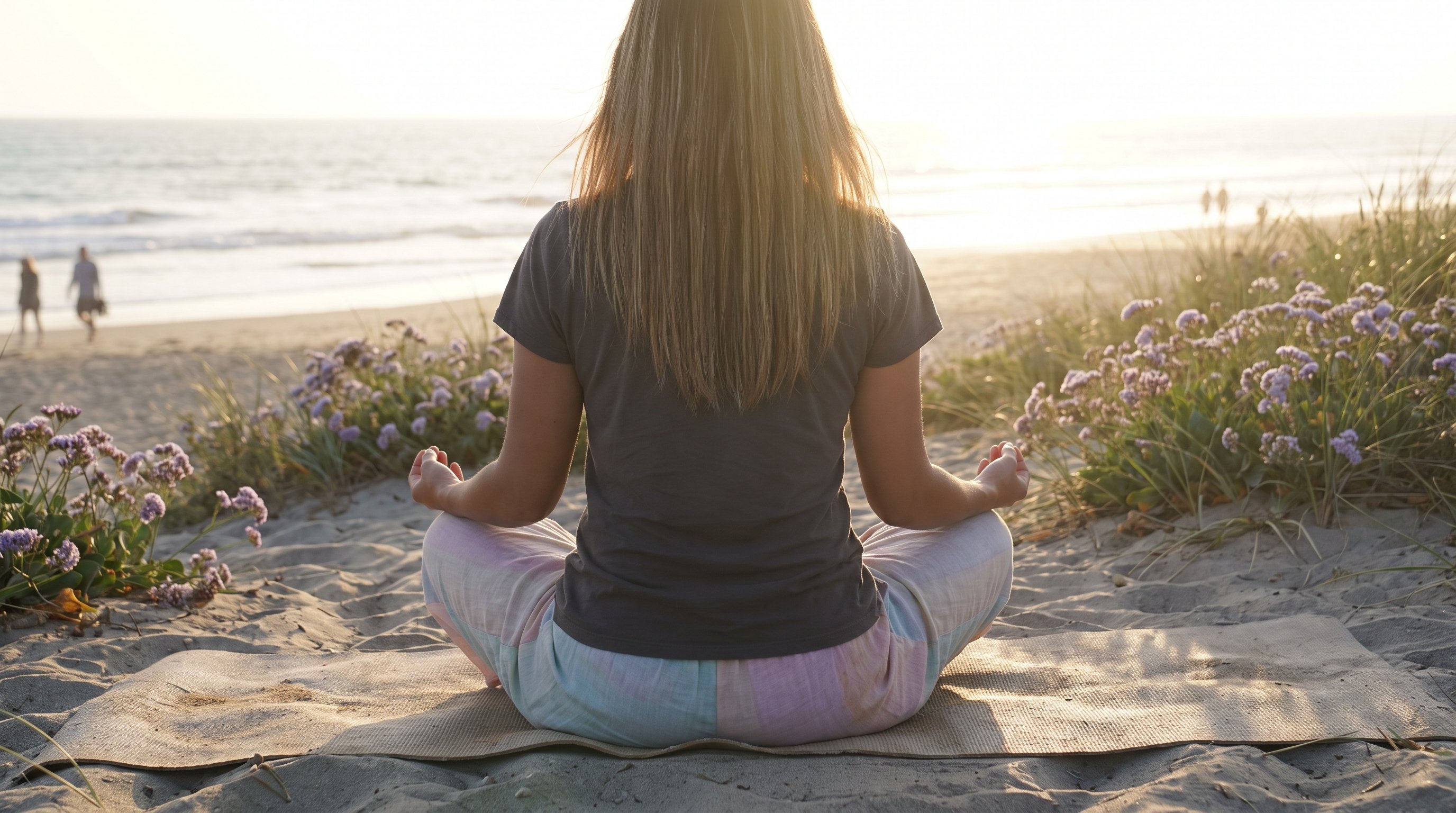 person sitting cross-legged meditating on a living room rug