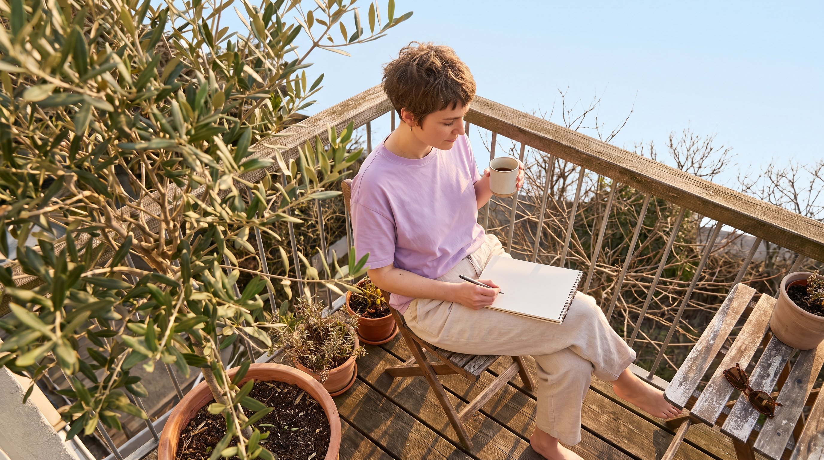 person sitting on sofa with phone and notebook in the evening