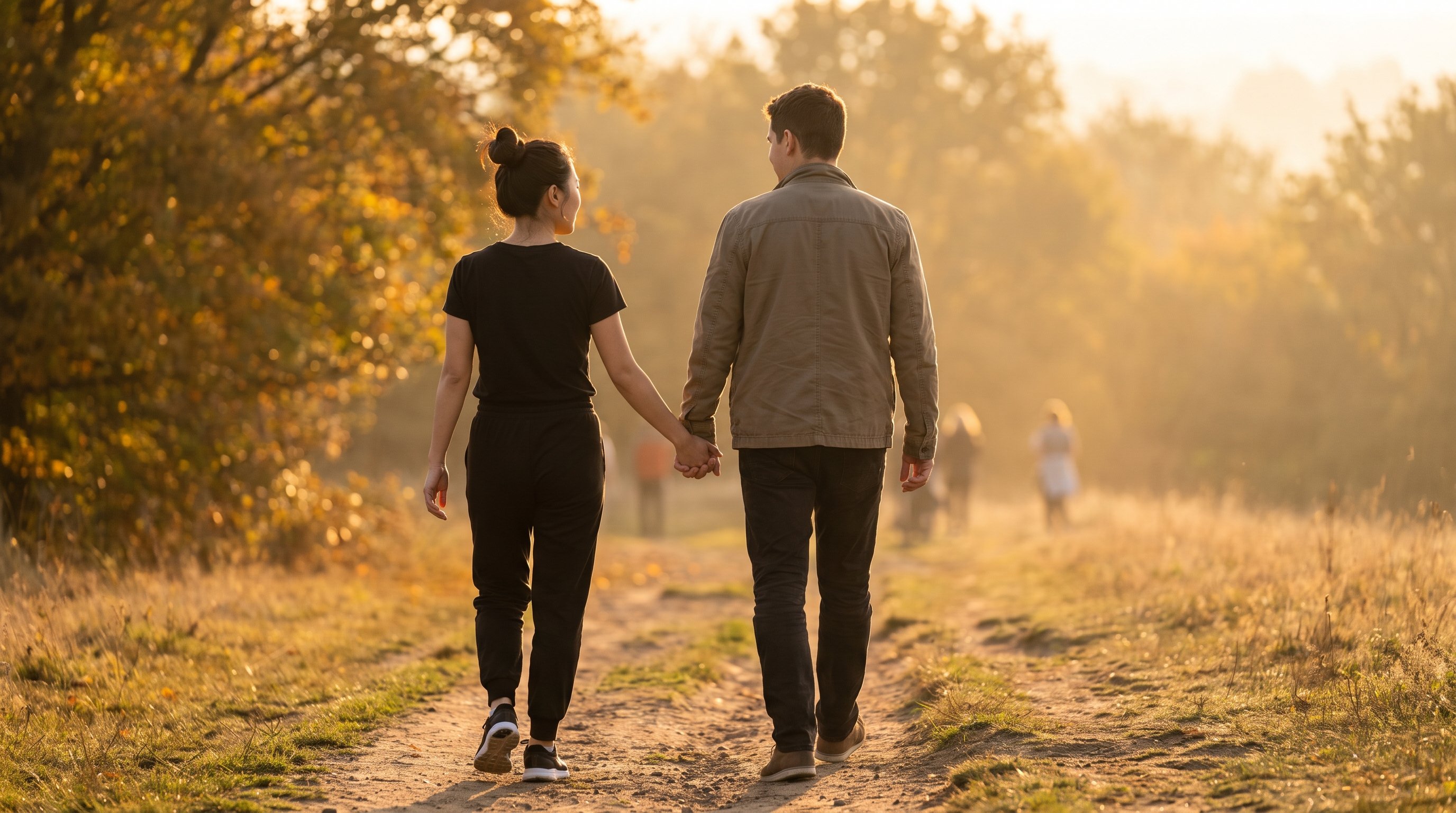 couple holding hands on evening walk