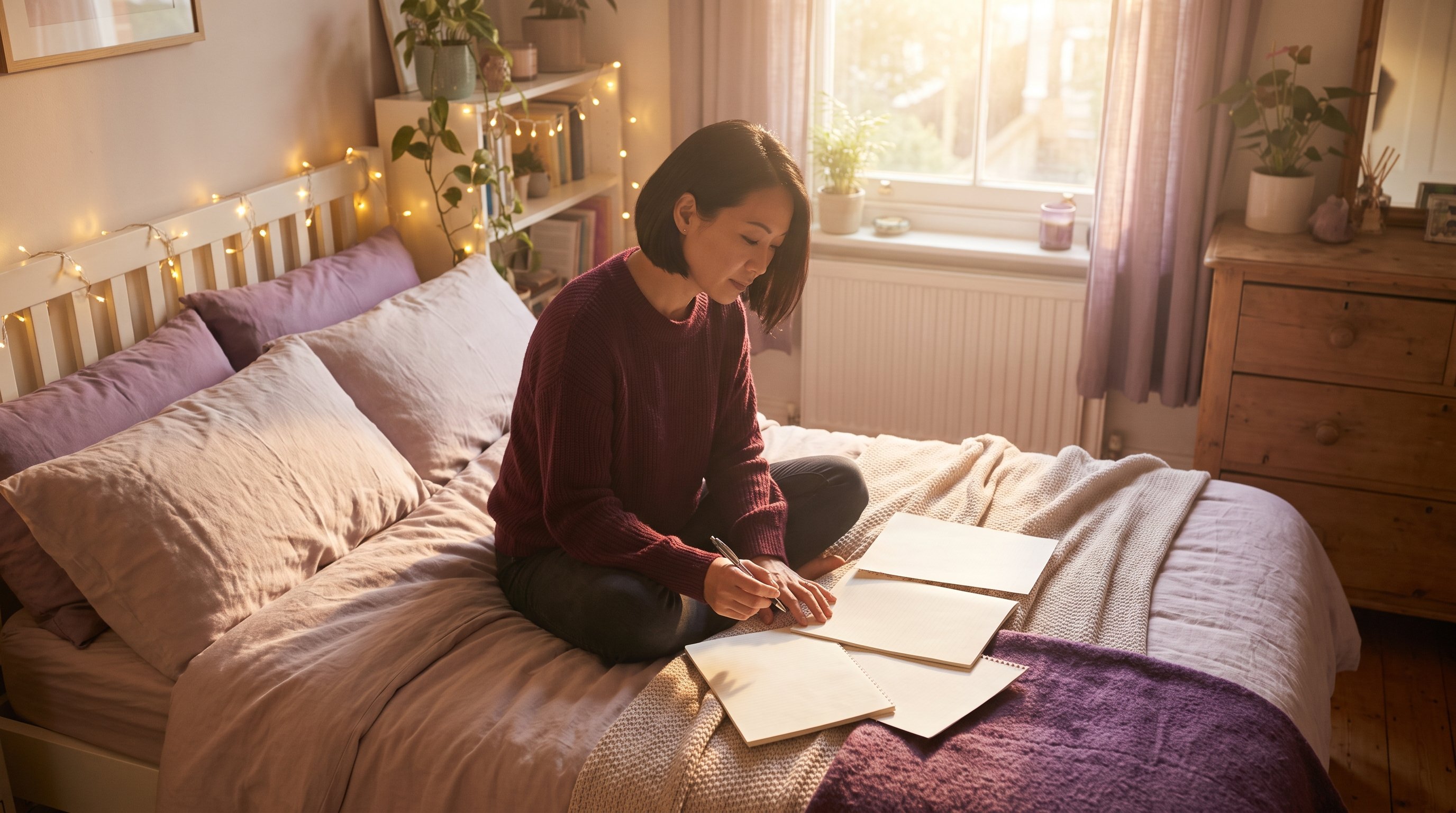 person reviewing a budget notebook at a kitchen table in the morning