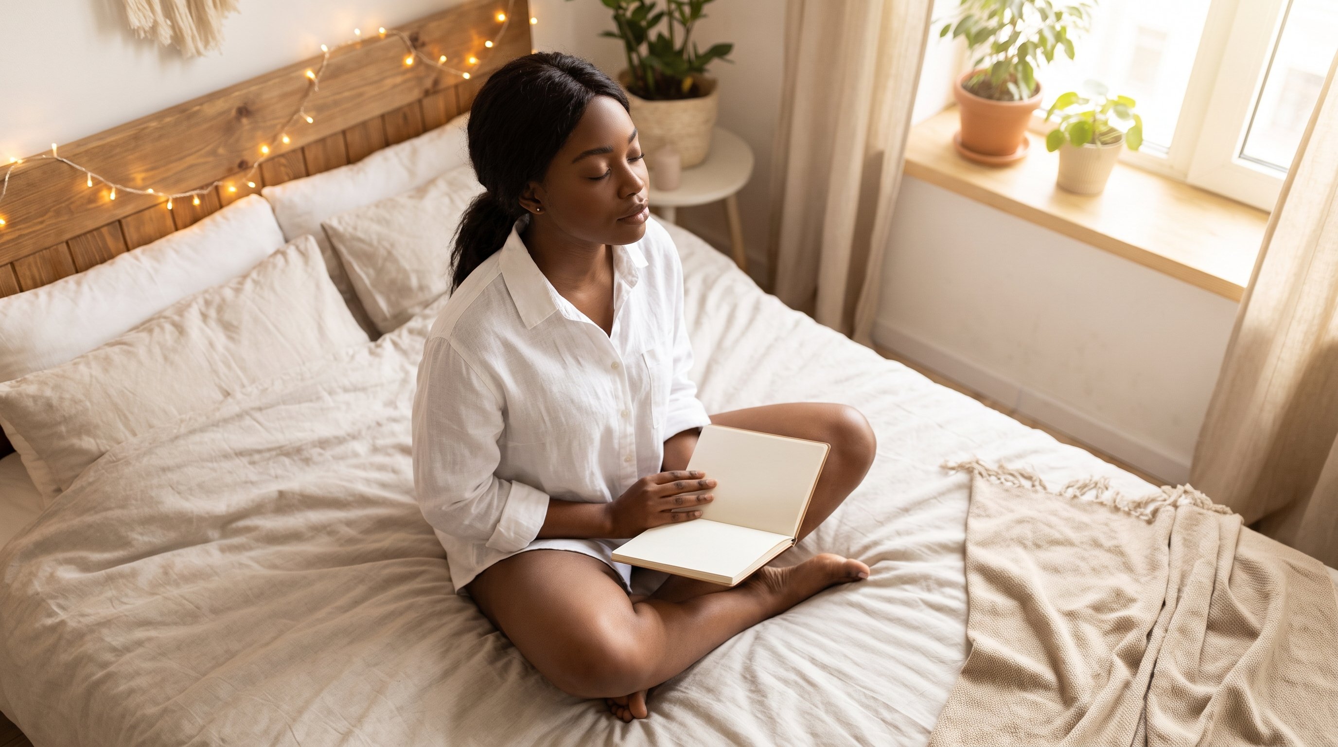 person sitting quietly on a sofa with eyes closed in soft morning light