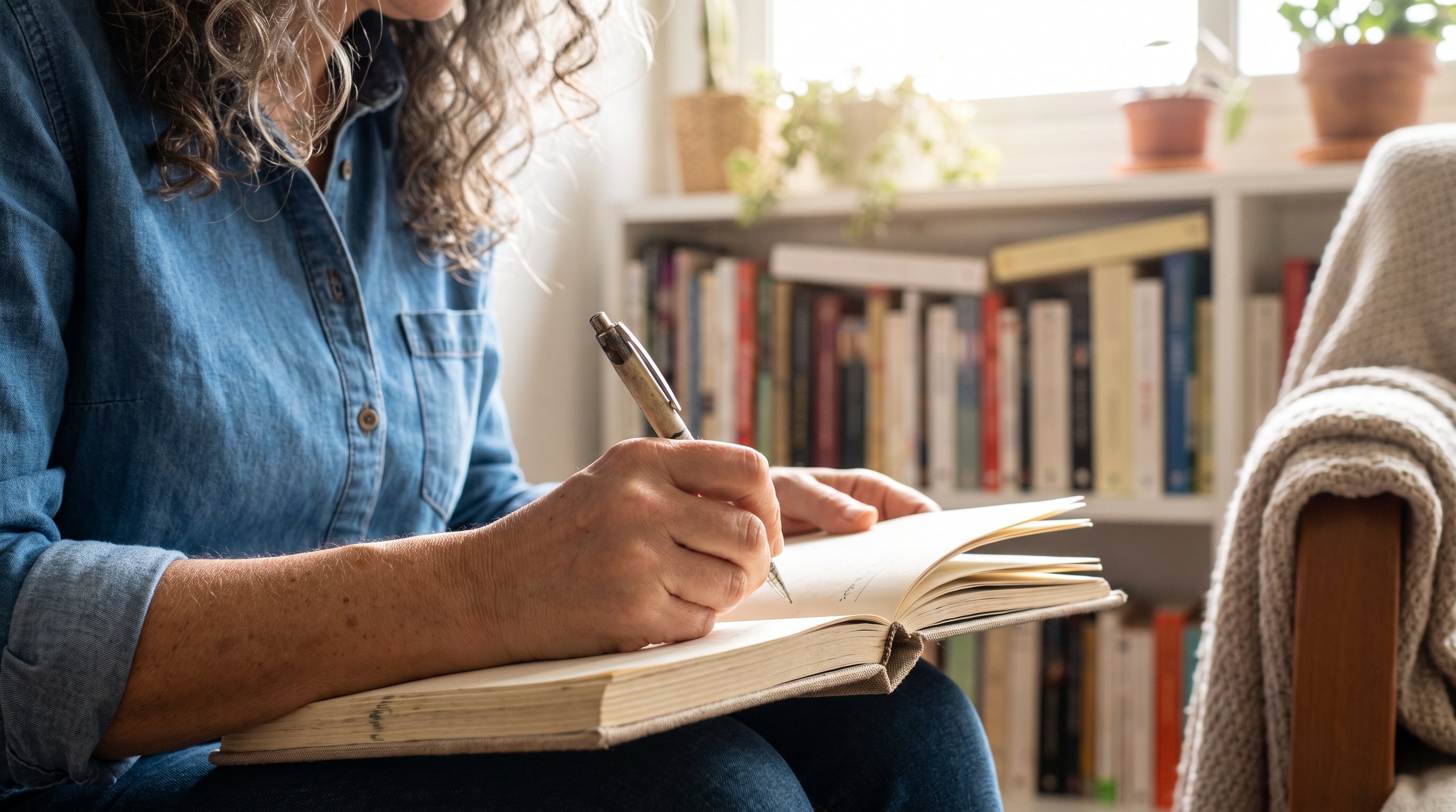 woman writing in notebook at kitchen table
