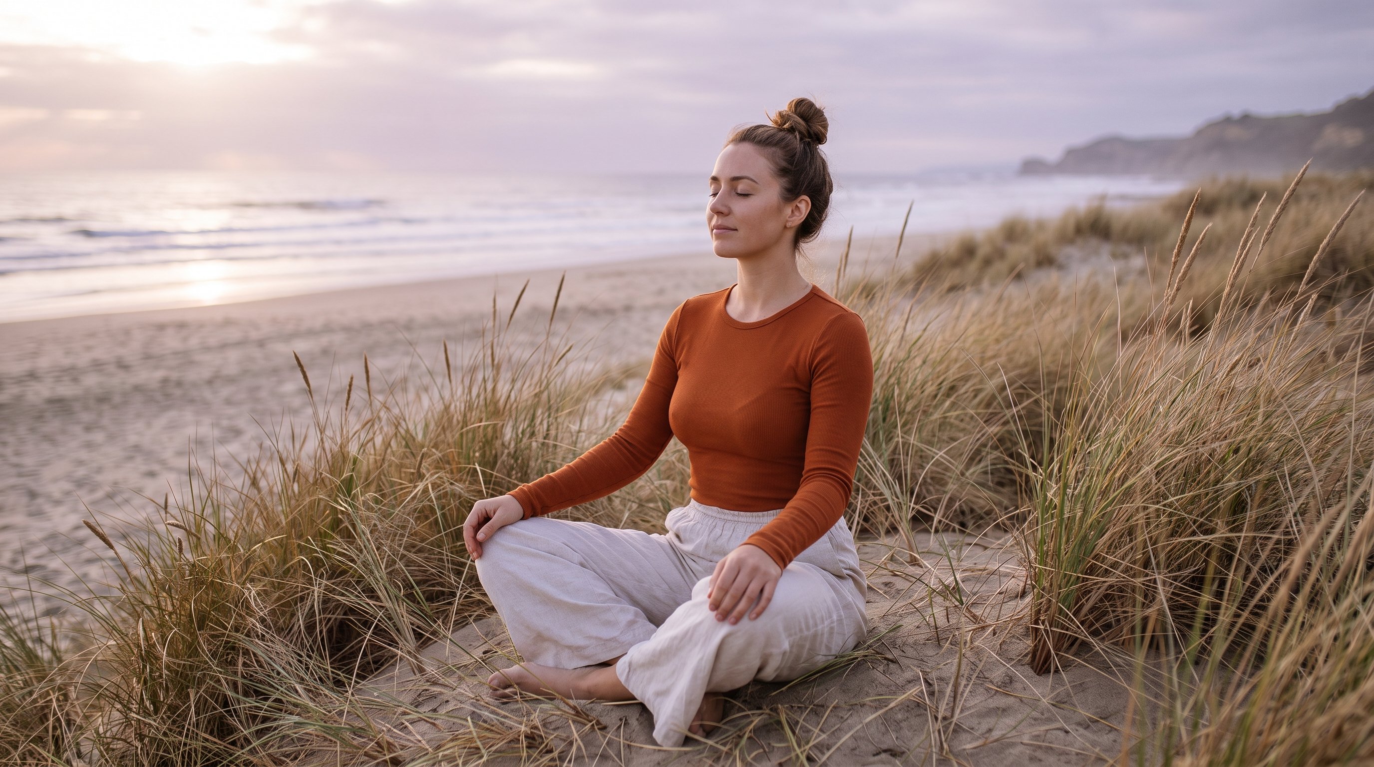 person sitting cross-legged on a bed with eyes closed in soft morning light