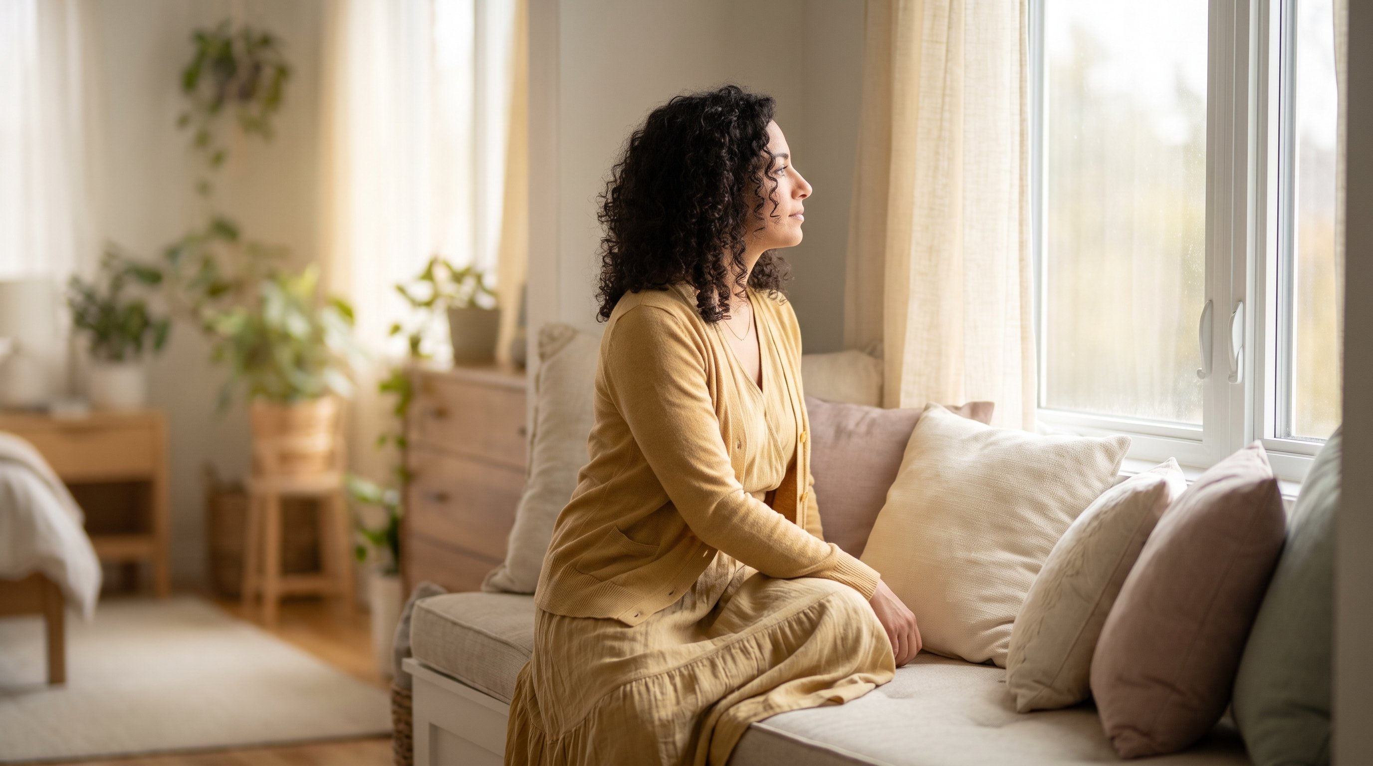 A woman in her late 20s in light flowing clothes in a bright bedroom in the morning