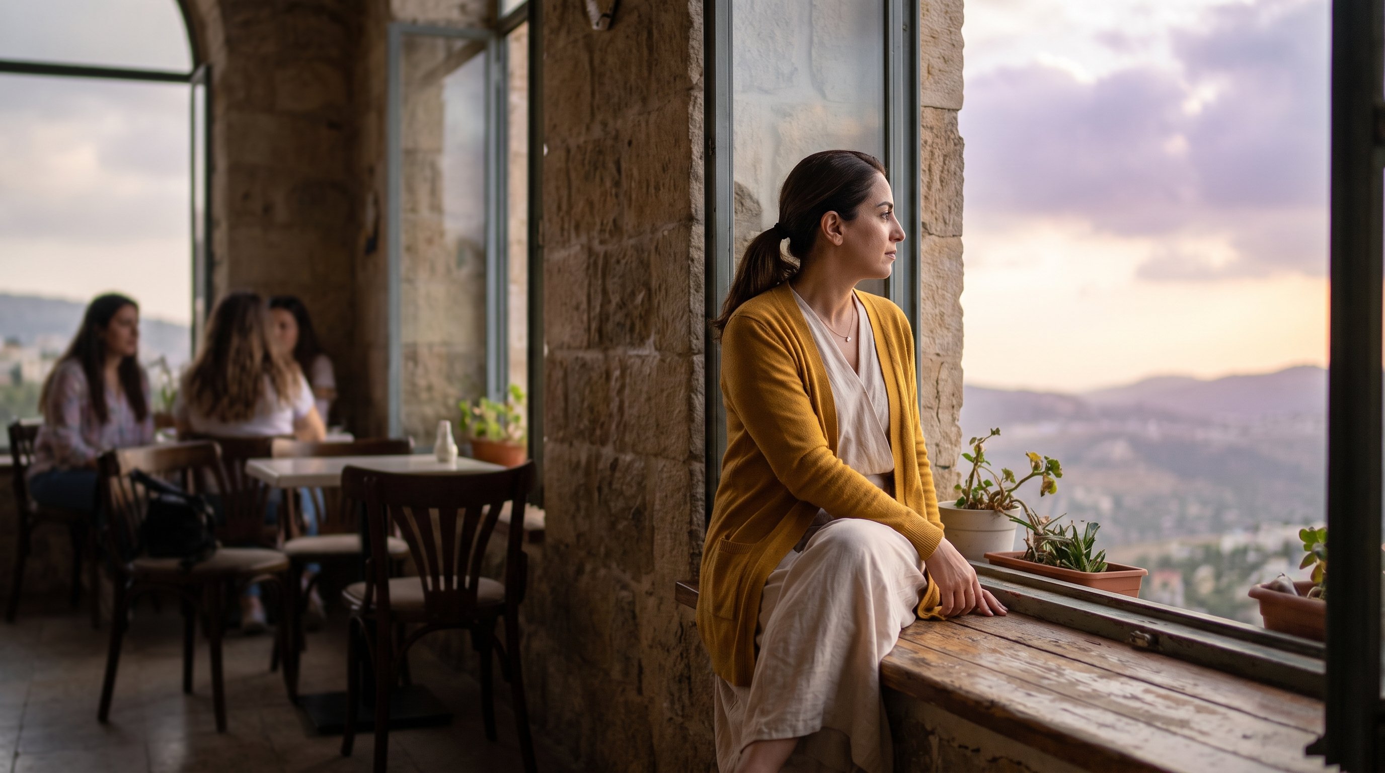 A woman in her late 20s in light flowing clothes gazing at a soft evening sky from a hilltop