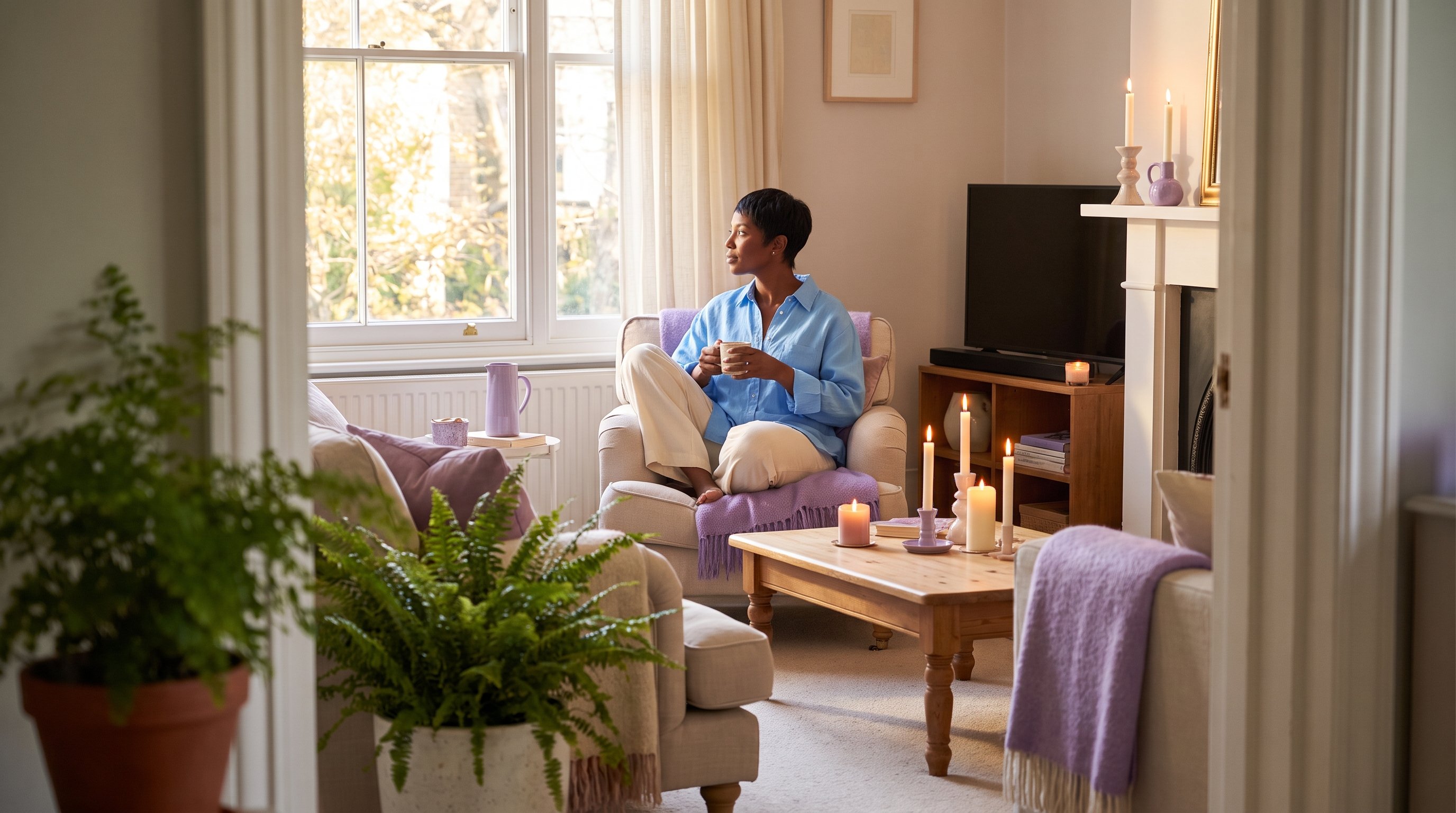 A woman in her late 20s in light flowing clothes relaxing in a bright bedroom