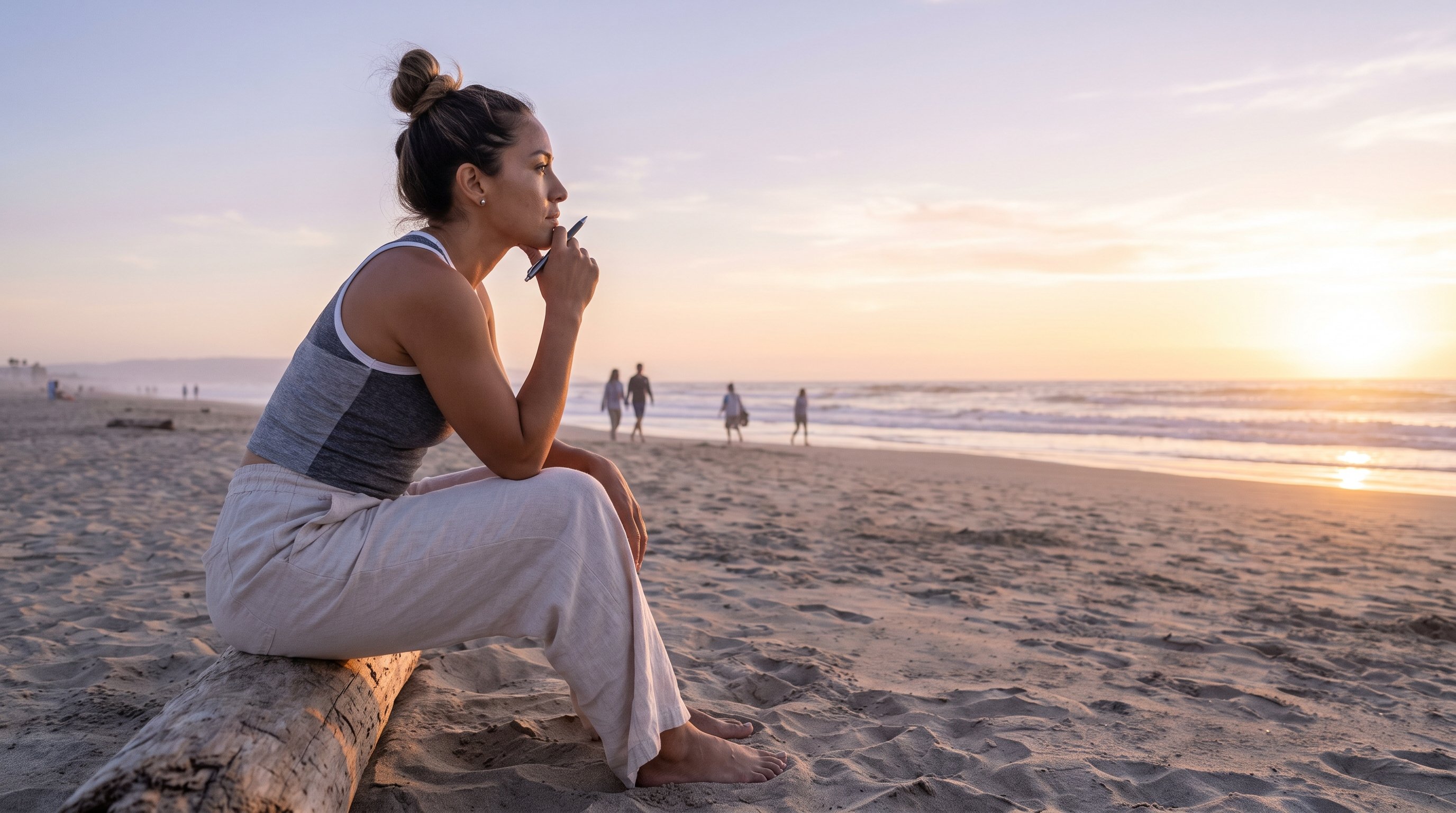 A woman in her late 20s in light flowing clothes writing in a journal at sunset