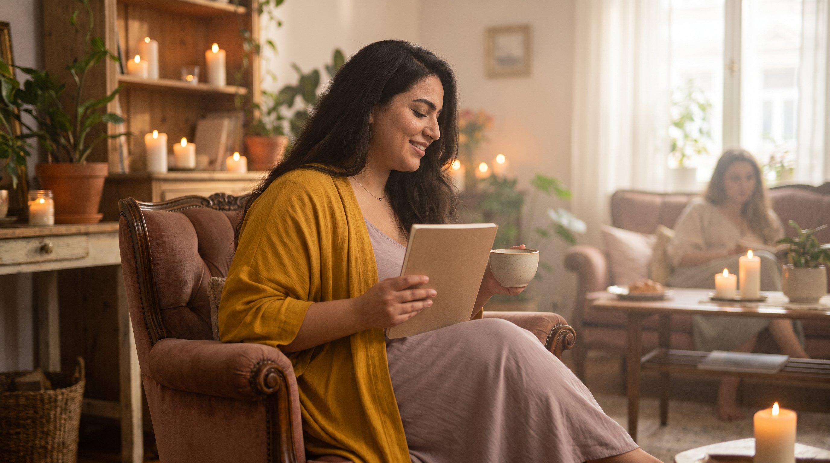 woman writing in journal on sofa with cup of tea nearby