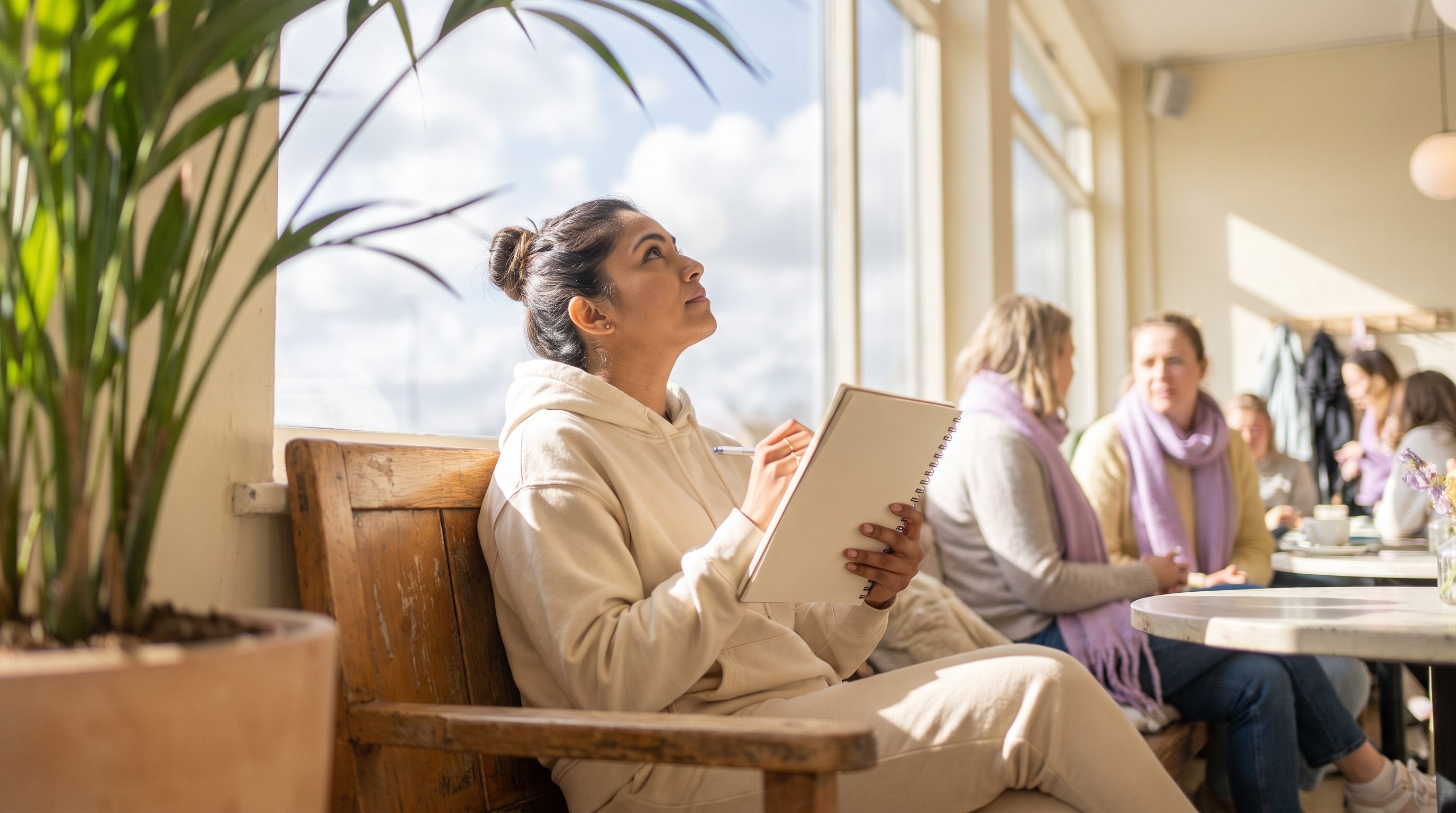 person writing in notebook at kitchen table in morning light